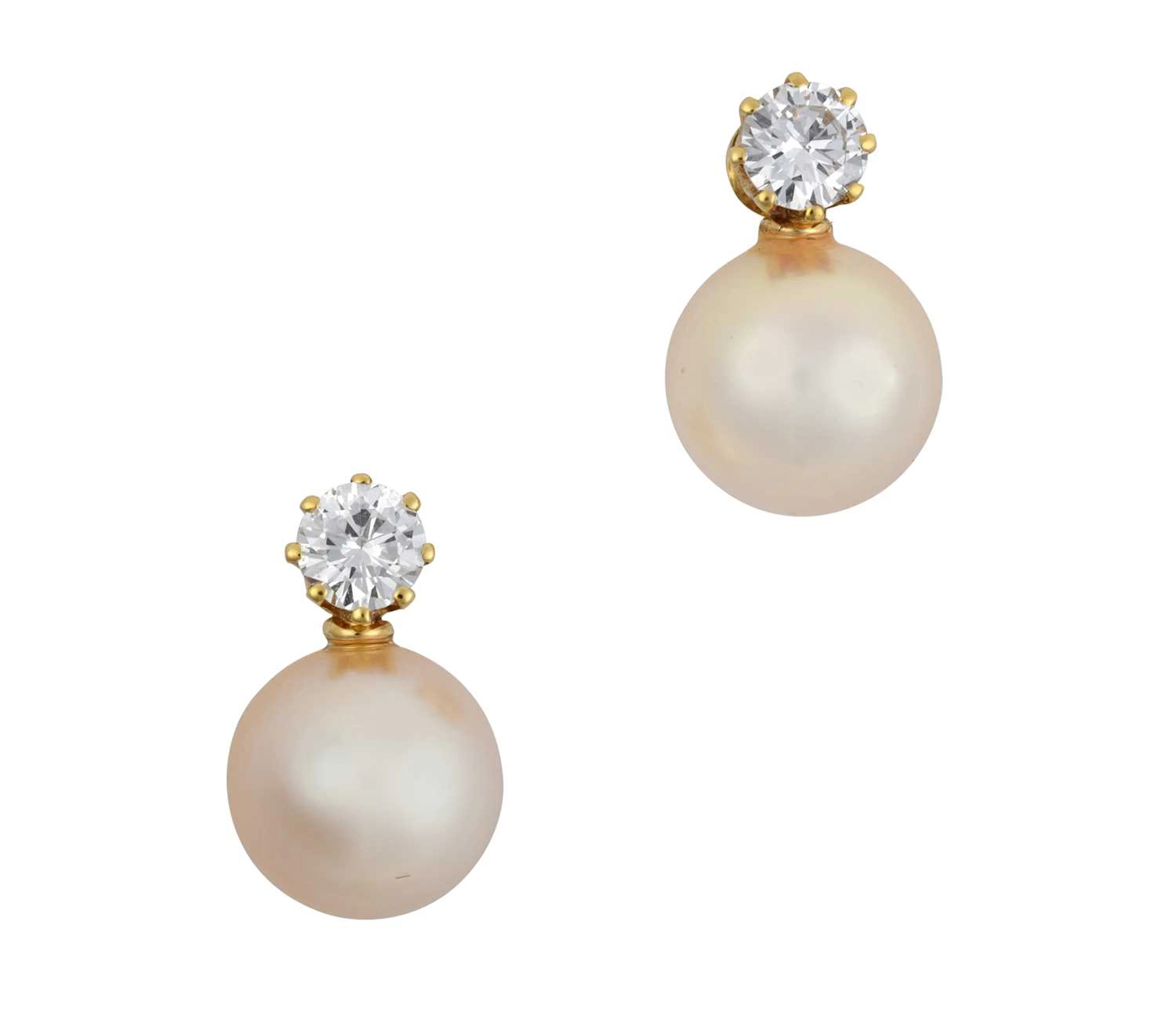 A Pair of 18 Carat Gold Diamond and Cultured Pearl Earrings