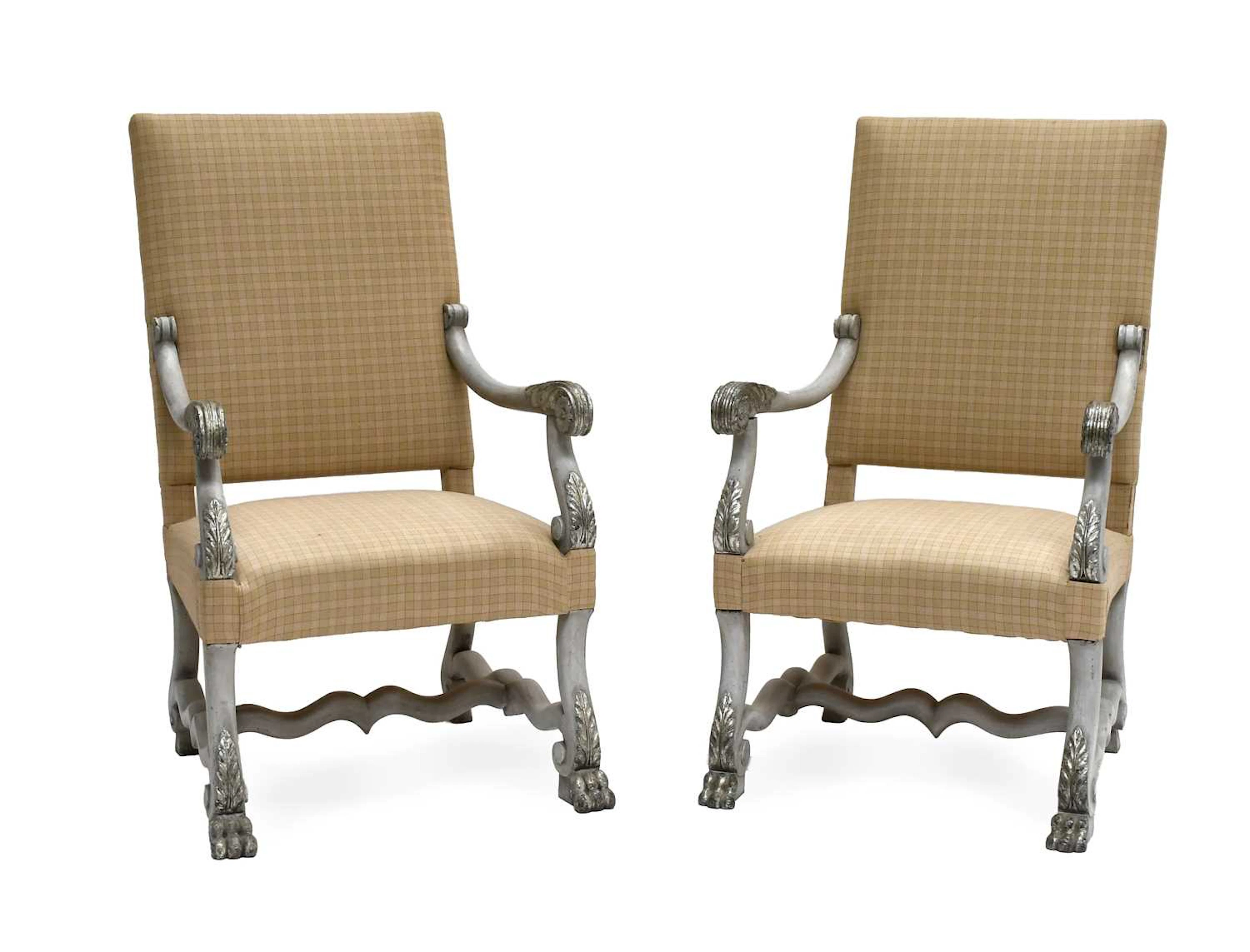 A Pair of 18th Century-Style Carved and Grey-Painted Open Armchairs