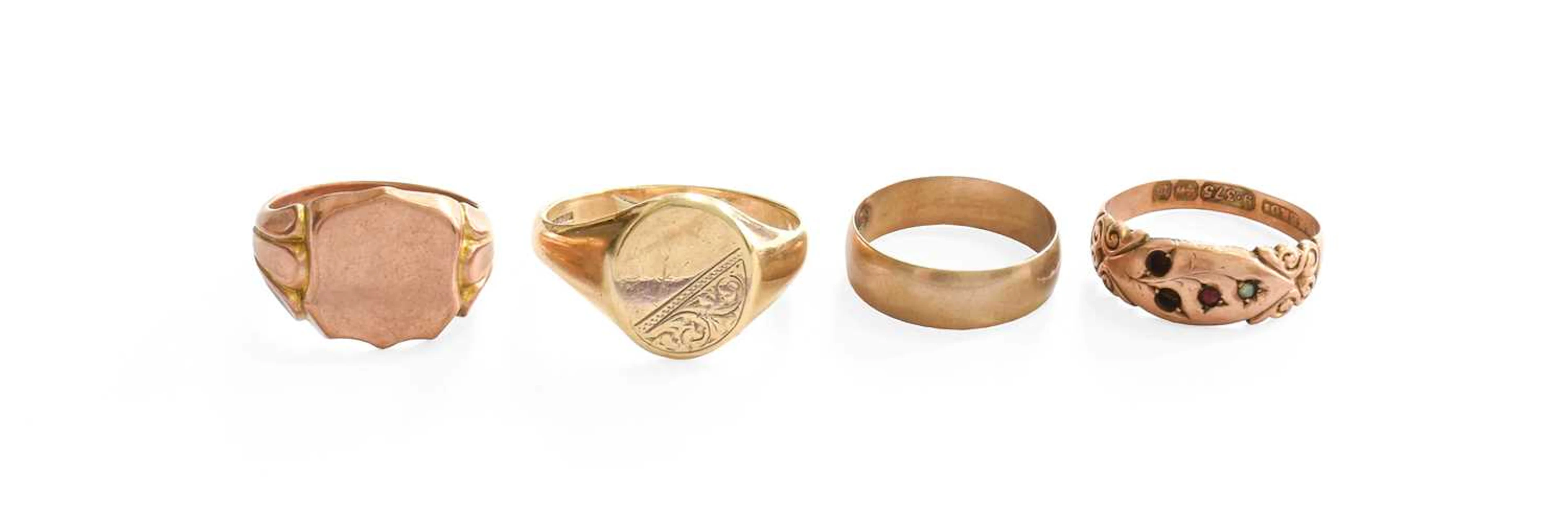 Two 9 Carat Gold Signet Rings, A 9 Carat Gold Band Ring, Another 9
