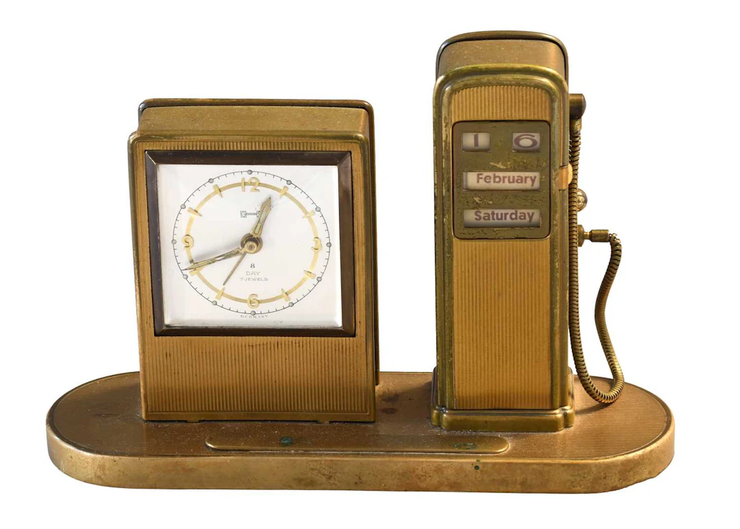 A German Brass Petrol Pump Form Desk Calendar/Table Lighter and Clock