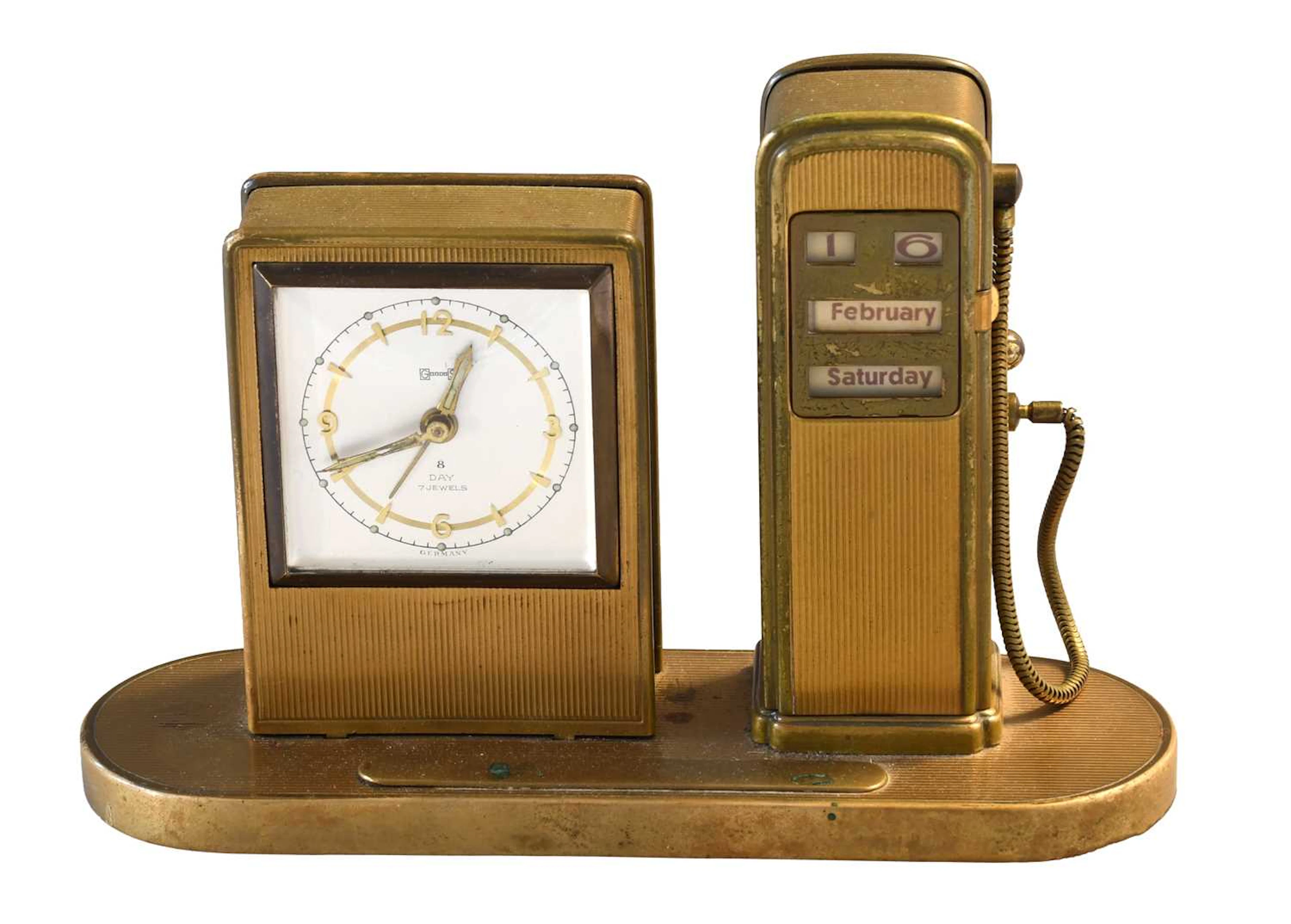 A German Brass Petrol Pump Form Desk Calendar/Table Lighter and Clock