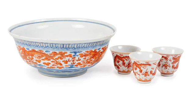 A Set of Three Chinese Porcelain Wine Cups, Qianlong reign mark but