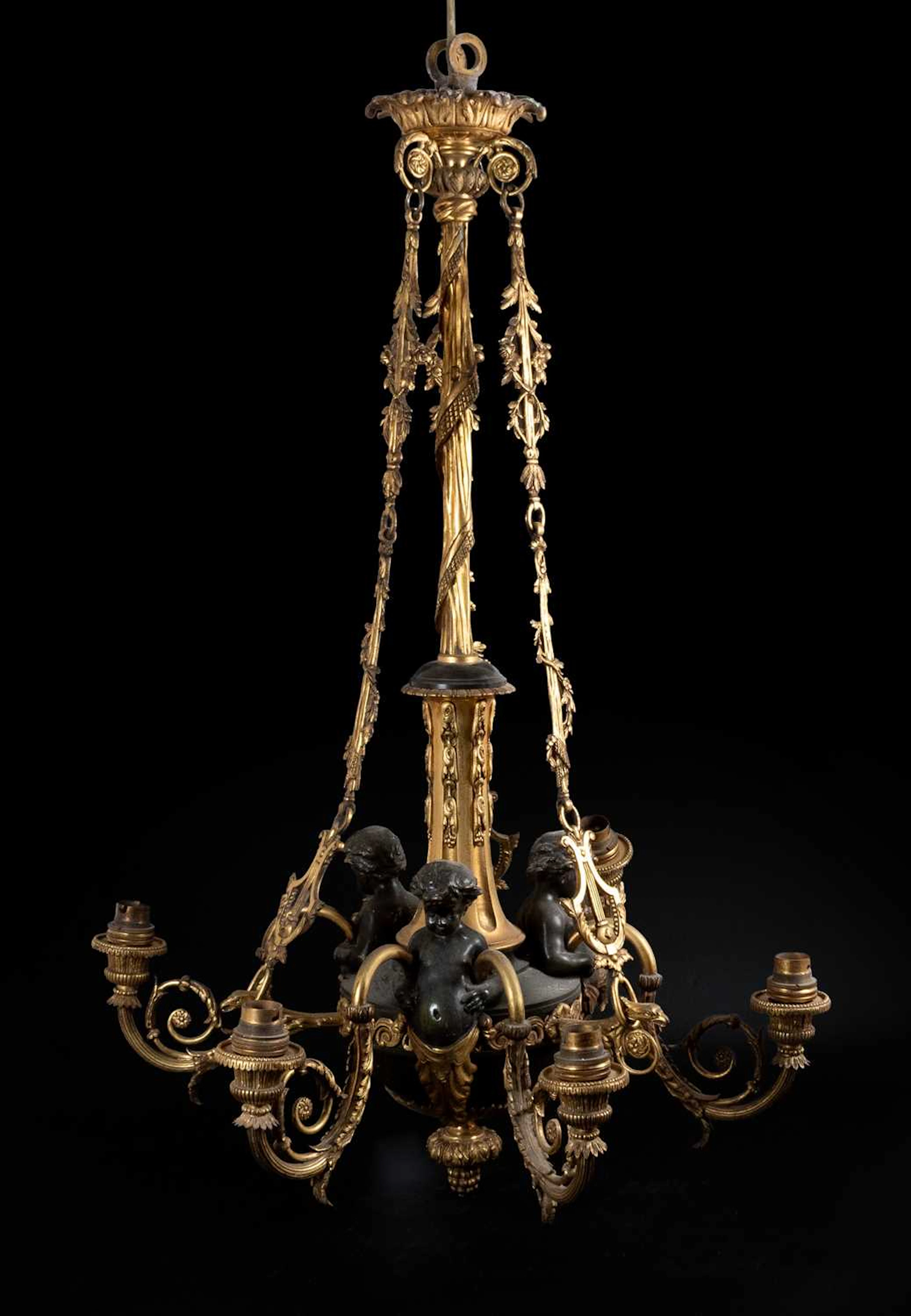 A French Gilt and Patinated Bronze Six Light Chandelier