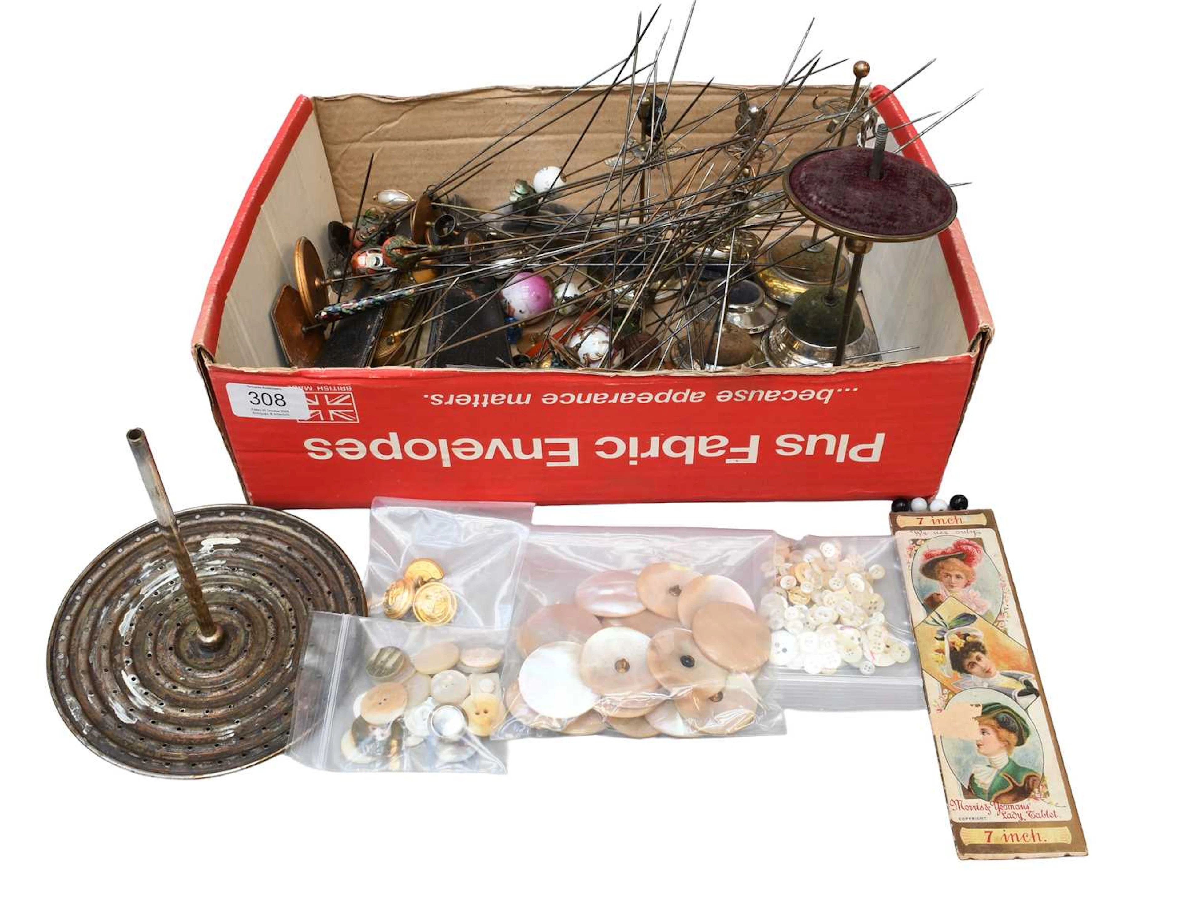 Collection of Assorted Hat Pins, Hat Pin Stands, Buttons