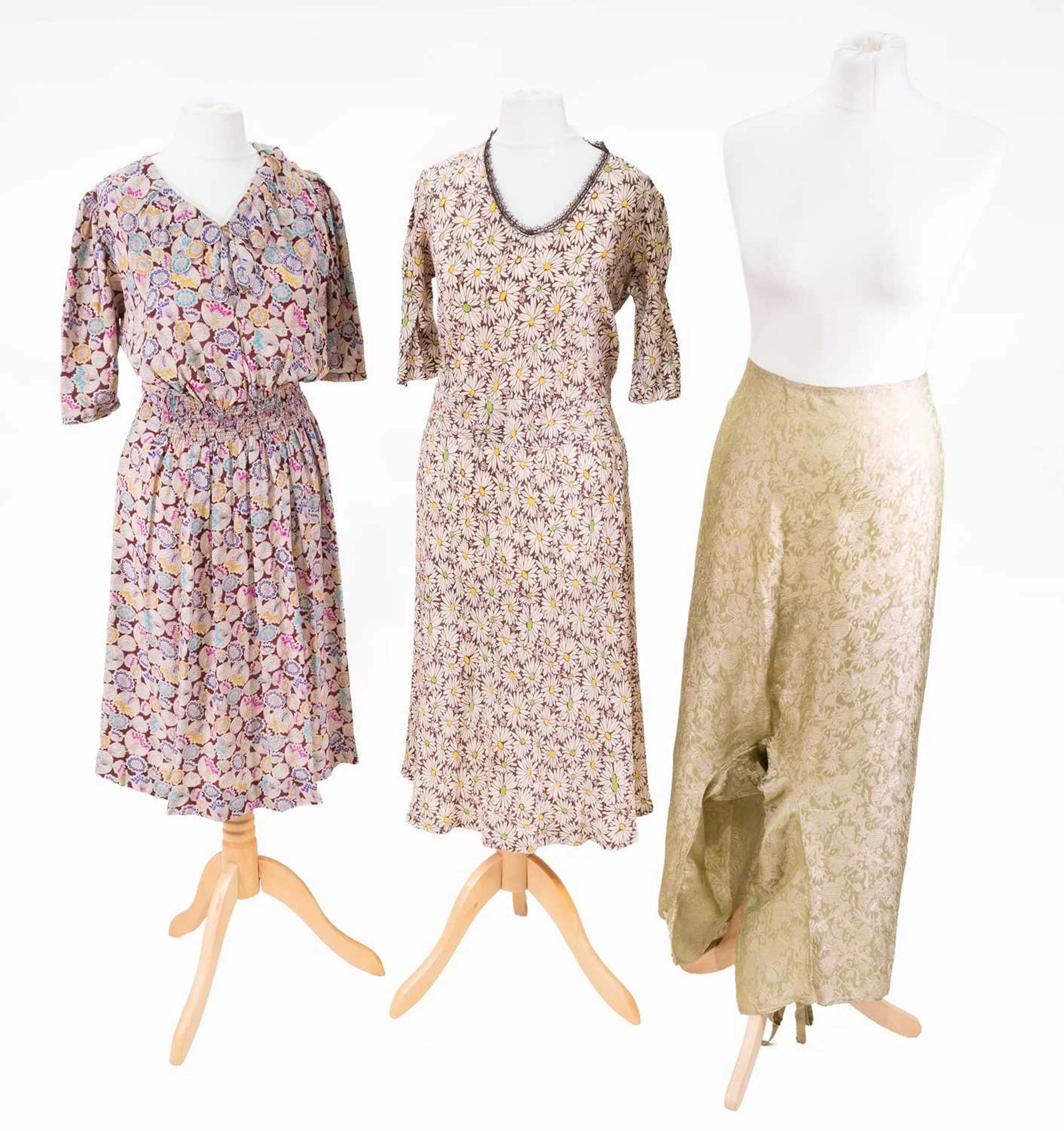 Circa 1940s Silk Tea Dress, Another Similar, Pair of Pale Green Figured