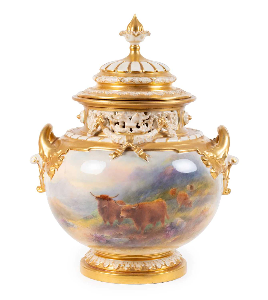 A Royal Worcester Porcelain Pot Pourri Vase and Cover, by Harry Stinton, 1935