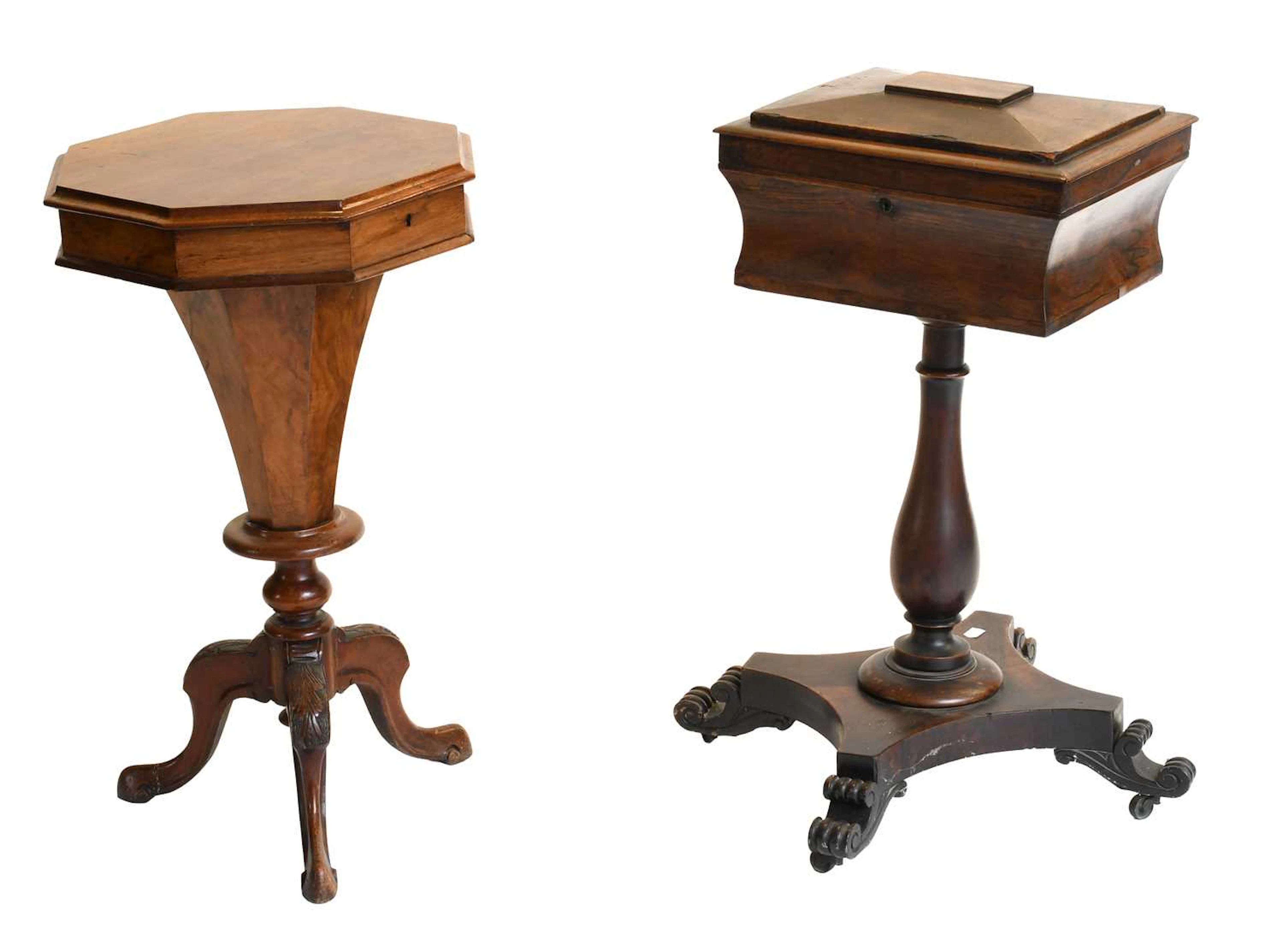 A Regency Rosewood Teapoy, circa 1830, A Victorian Walnut Octagonal Work Table