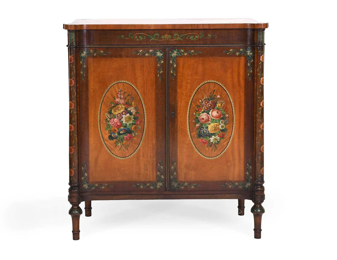 An Edwardian Satinwood, Mahogany and Polychrome-Painted Side Cabinet