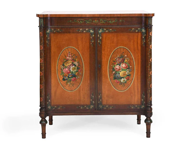 An Edwardian Satinwood, Mahogany and Polychrome-Painted Side Cabinet