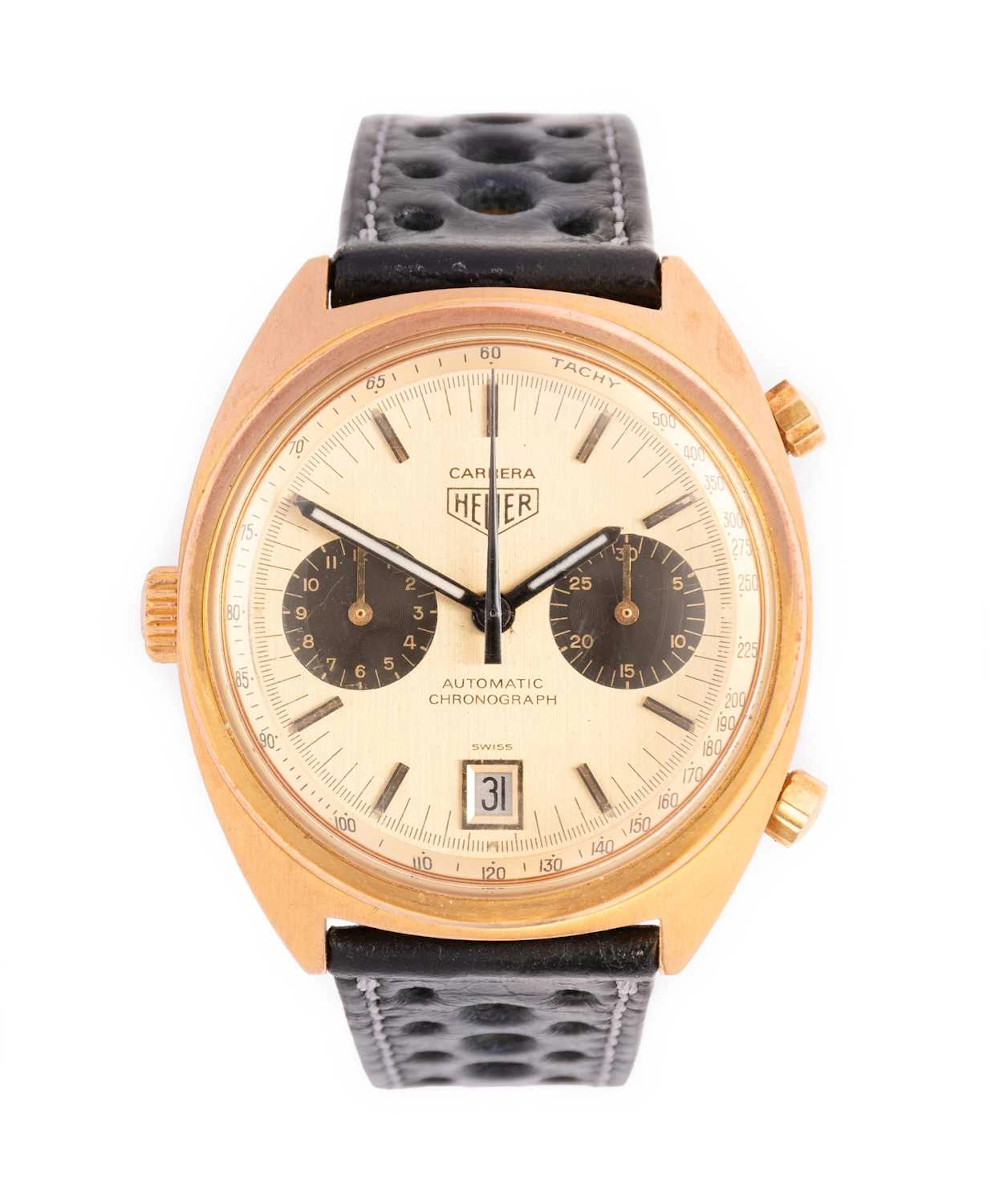 Heuer: A Gold Plated Automatic Calendar Chronograph Wristwatch, signed