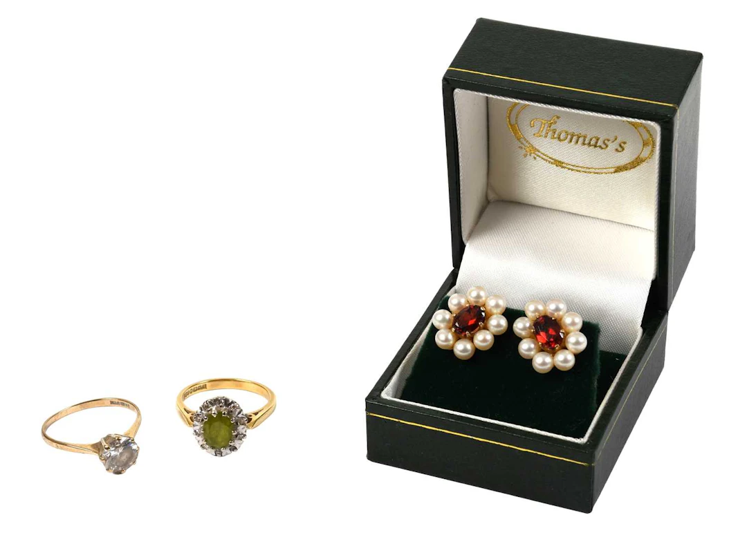 An 18 Carat Gold Peridot and Diamond Cluster Ring, A Pair of 9 Carat