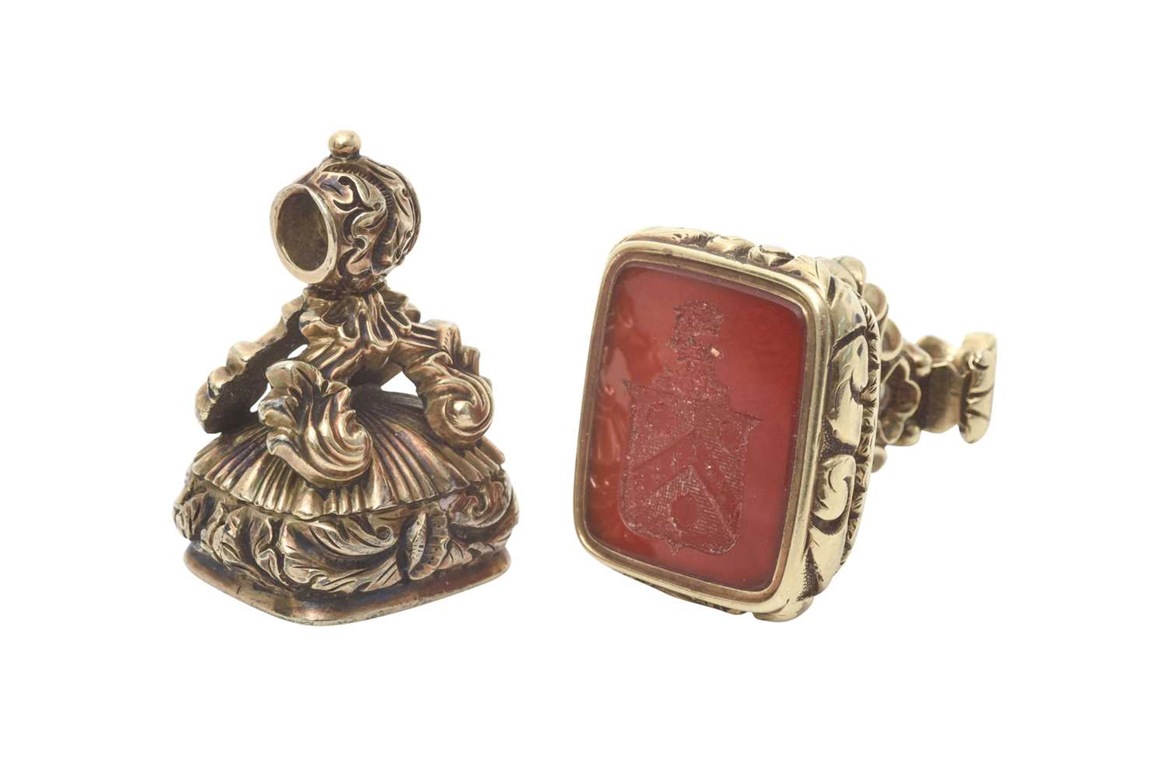 Two Victorian Gold-Mounted Hardstone Fob-Seals Apparently Unmarked
