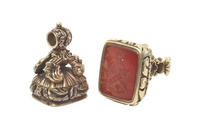 Two Victorian Gold-Mounted Hardstone Fob-Seals Apparently Unmarked