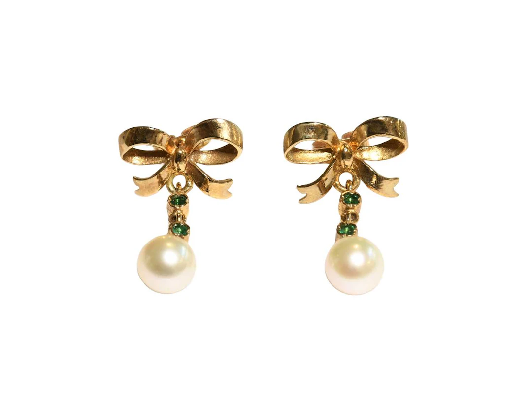 A Pair of 9 Carat Gold Emerald and Cultured Pearl Earrings