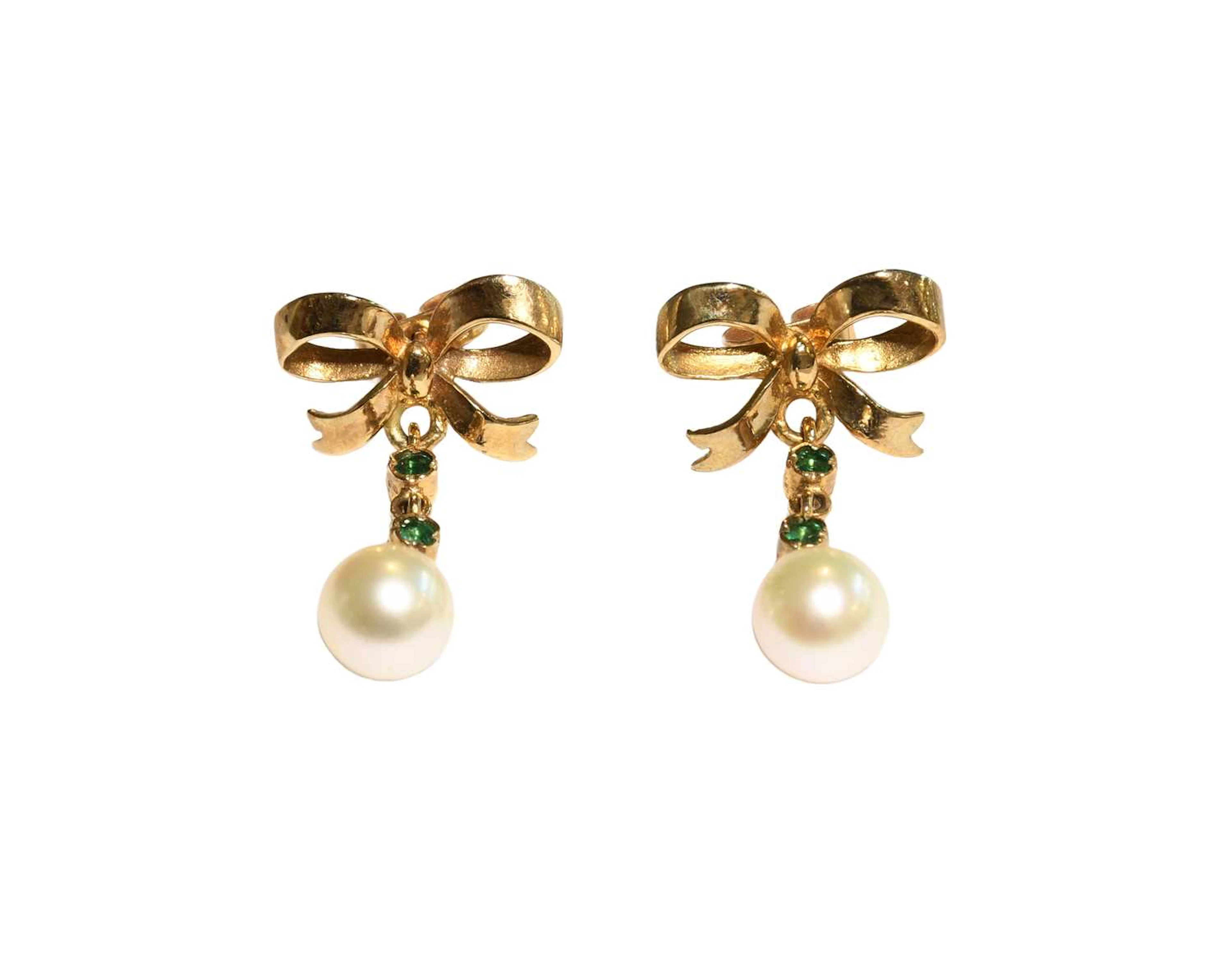 A Pair of 9 Carat Gold Emerald and Cultured Pearl Earrings