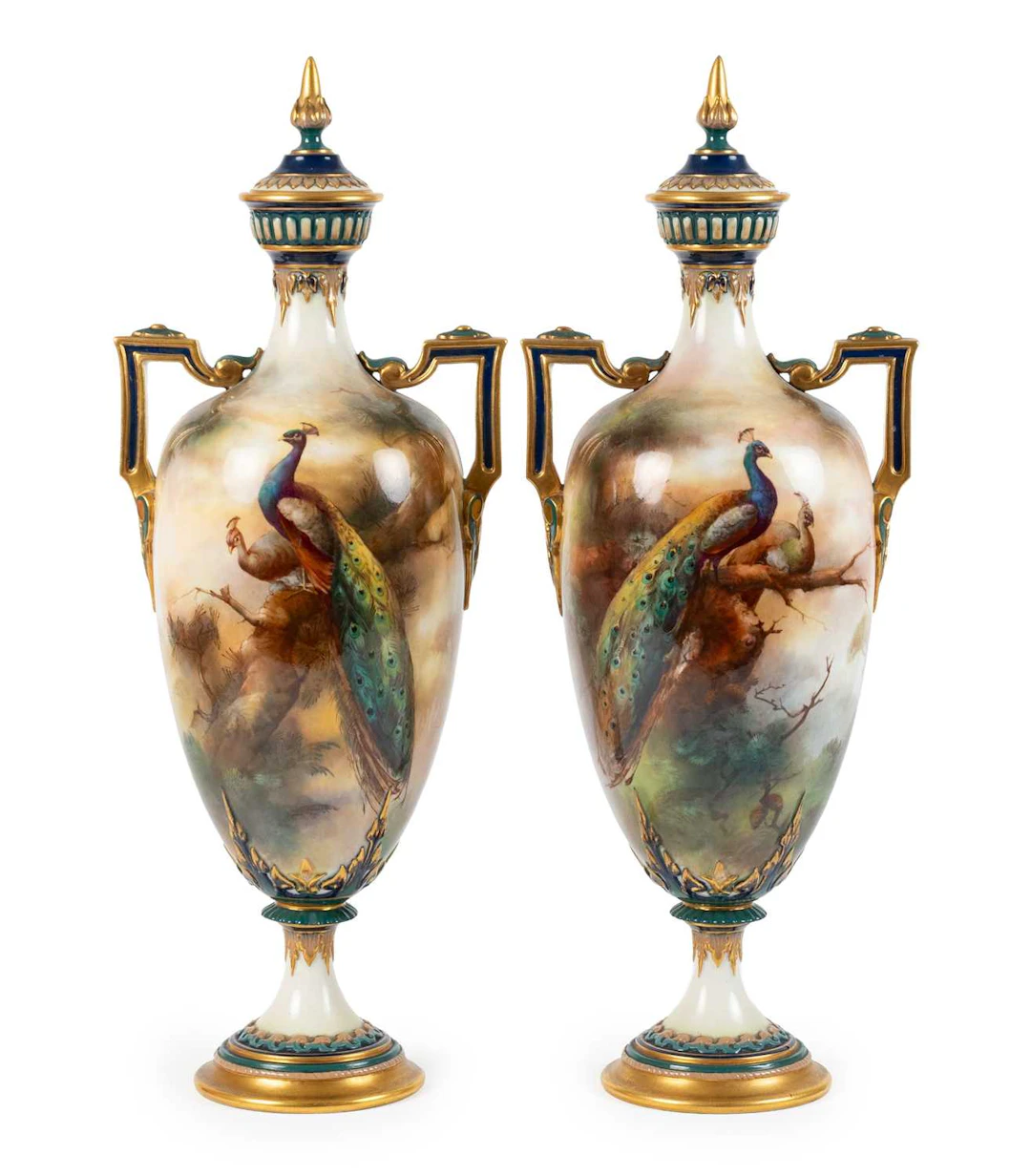 A Pair of Royal Worcester Hadley Ware Porcelain Vases and Covers