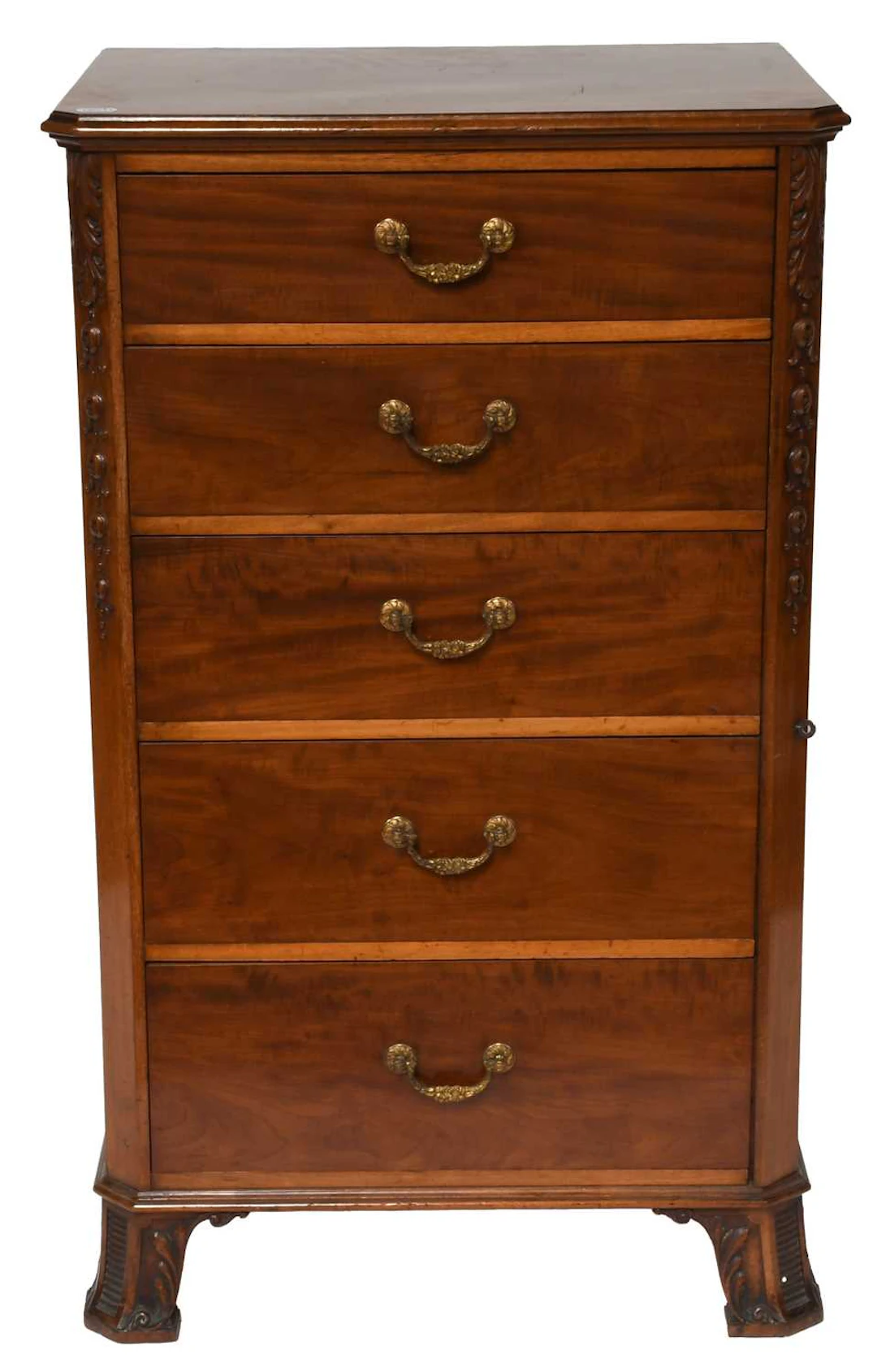 An Early 20th Century Carved Mahogany Five-Drawer Wellington Chest
