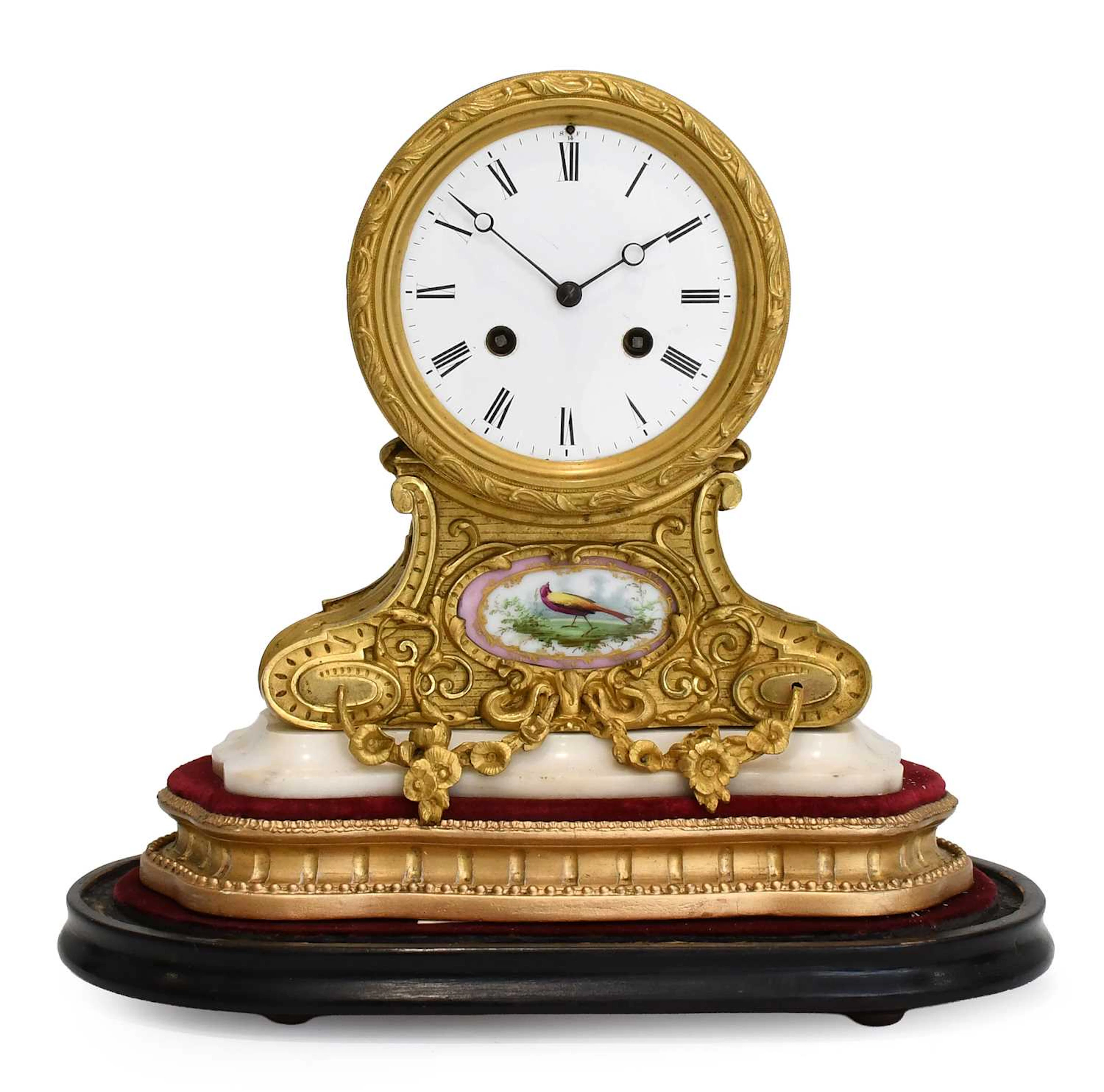 A French Gilt Metal Porcelain Marble Striking Mantel Clock, retailed