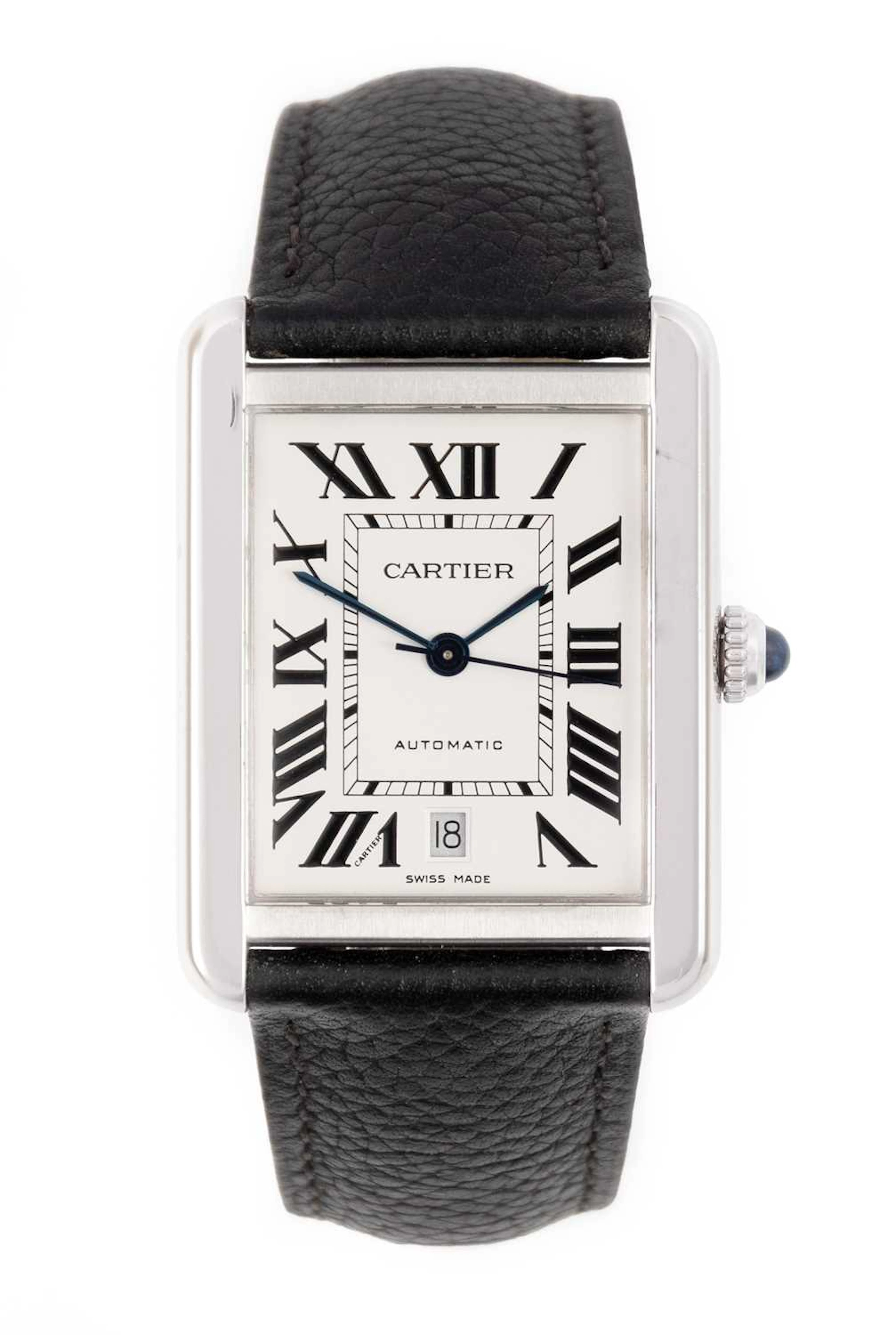 Cartier: A Stainless Steel Rectangular Automatic Calendar Centre Seconds