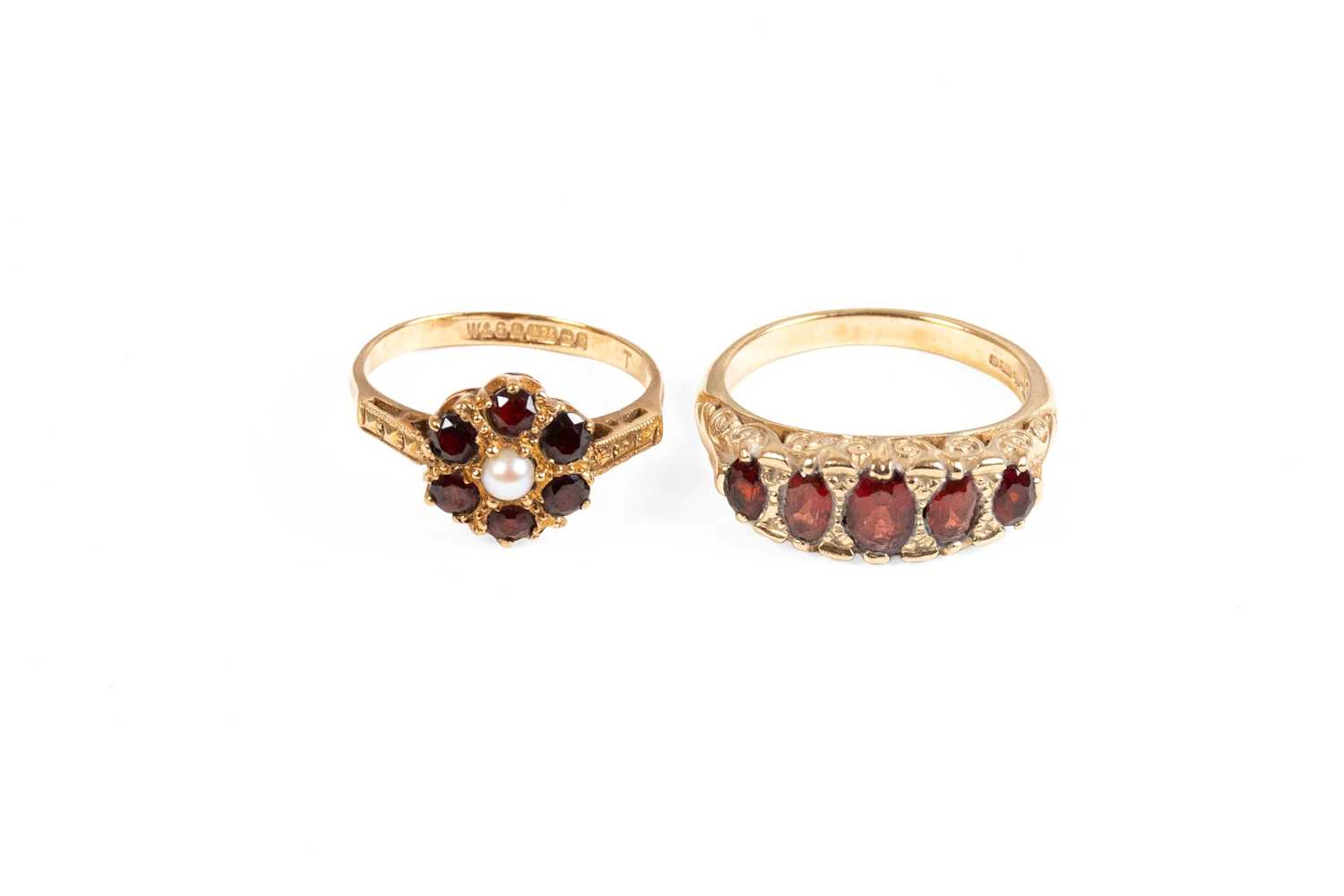 A 9 Carat Gold, Cultured Pearl and Garnet Cluster Ring, A 9 Carat