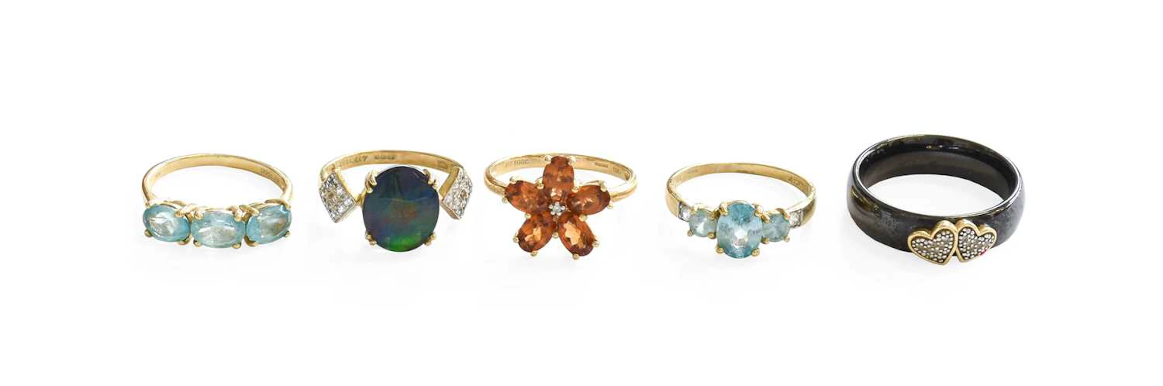 Four 9 Carat Gold Multi-Gem Set Rings, A Black Ceramic and Diamond Ring