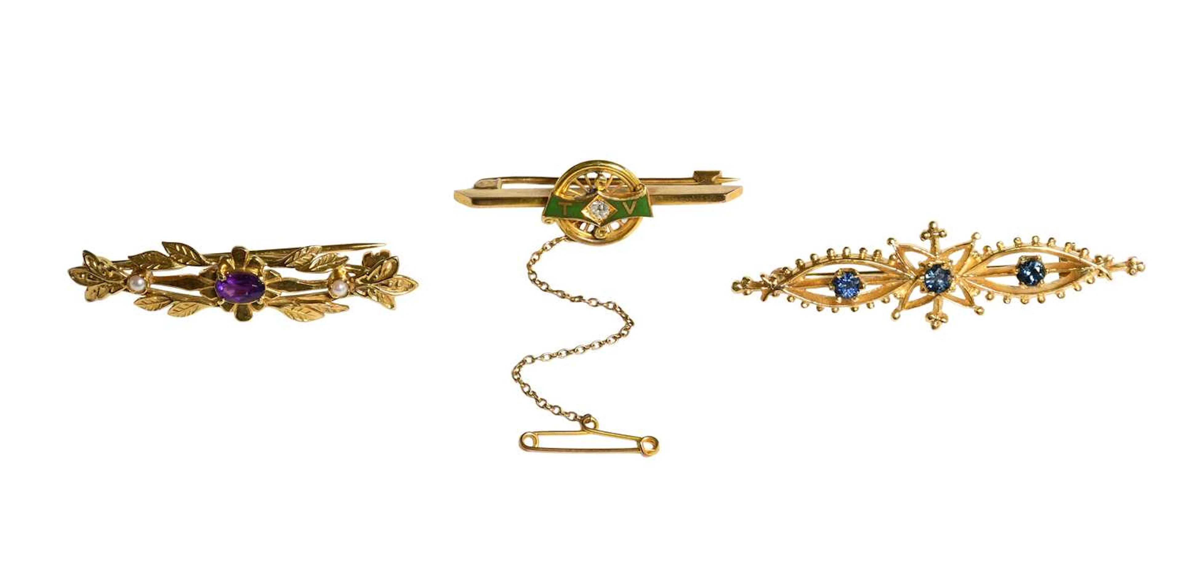 A 9 Carat Gold Amethyst and Split Pearl Brooch, A Diamond and Enamel