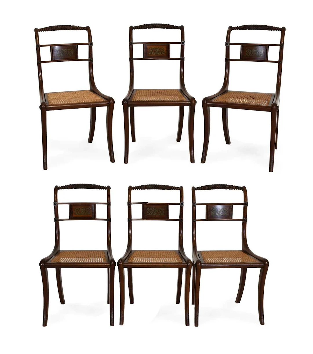A Set of Six Regency Mahogany, Brass-Inlaid and Ebony-Strung Dining