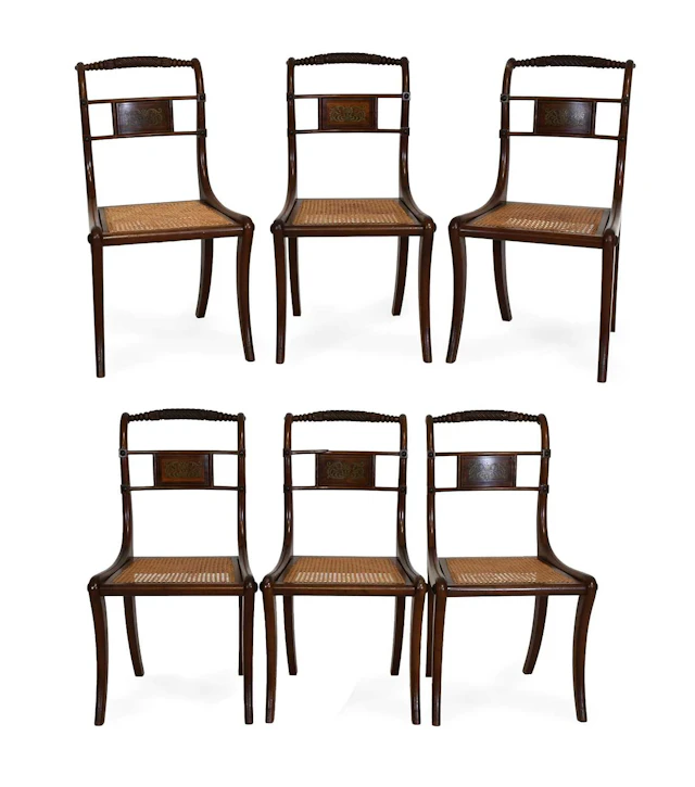 A Set of Six Regency Mahogany, Brass-Inlaid and Ebony-Strung Dining