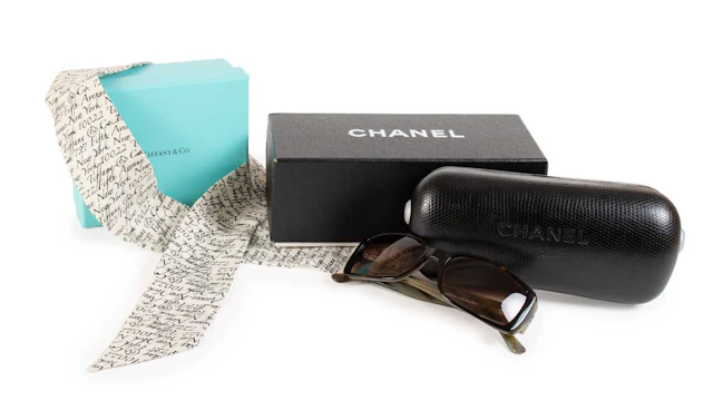 Pair of Chanel Sunglasses, Tiffany & Co. Notes Script Silk Ribbon Twilly Scarf