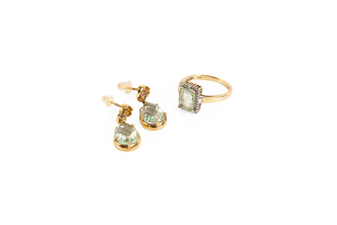 A Pair of 9 Carat Gold Prasiolite and Coloured Stone Drop Earrings