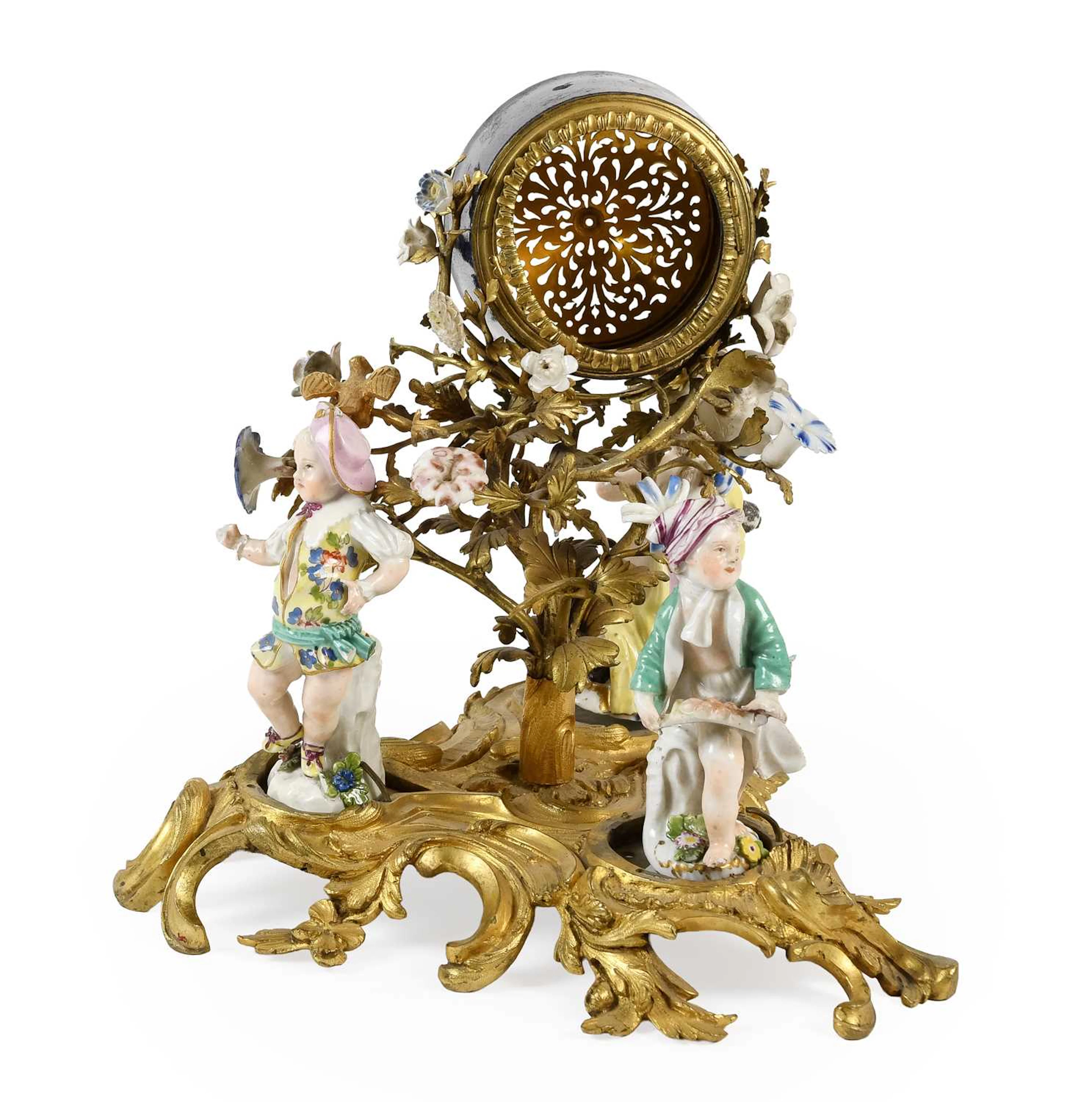 A Louis XV Ormolu Meissen and French Porcelain Mounted Mantel Clock