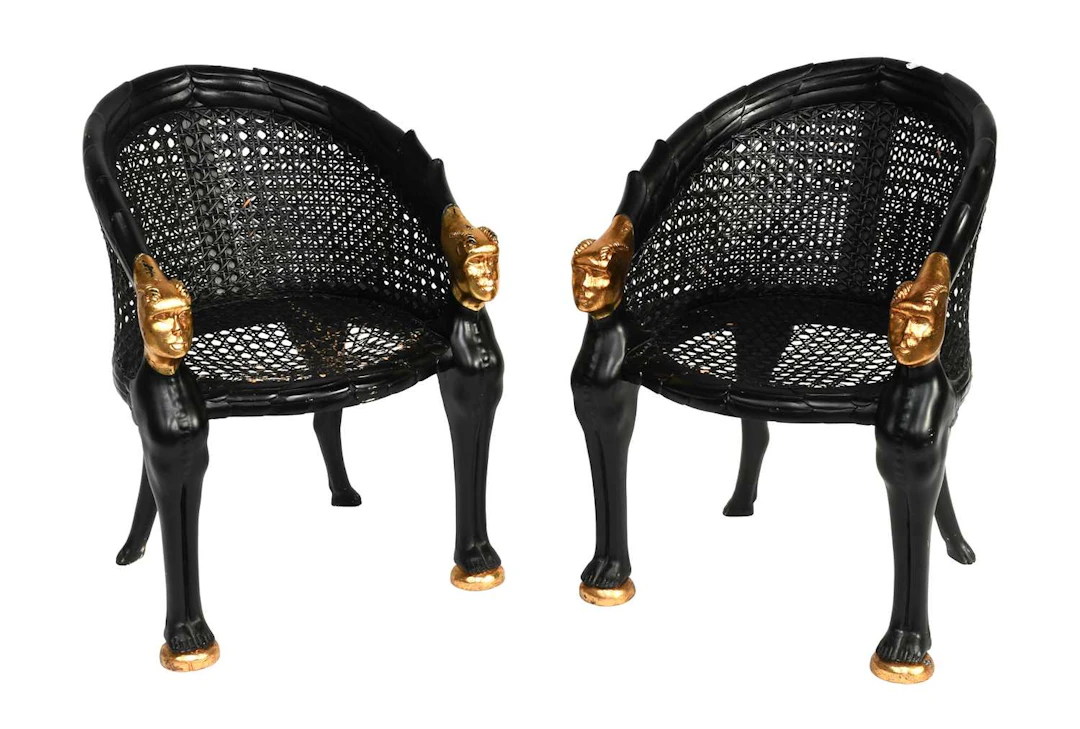 Pair of Parcel Gilt and Black Painted Cane Work Armchairs