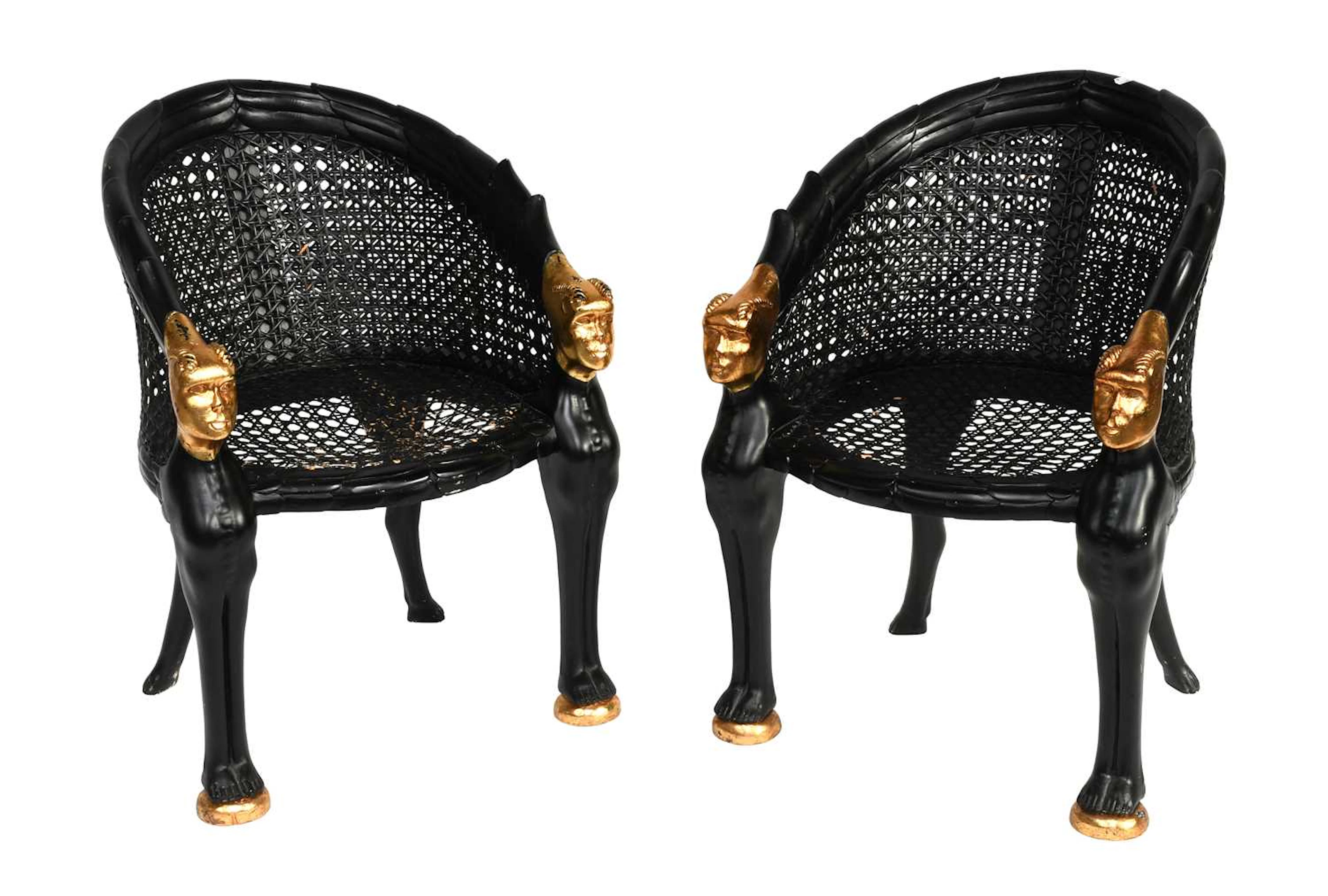 Pair of Parcel Gilt and Black Painted Cane Work Armchairs