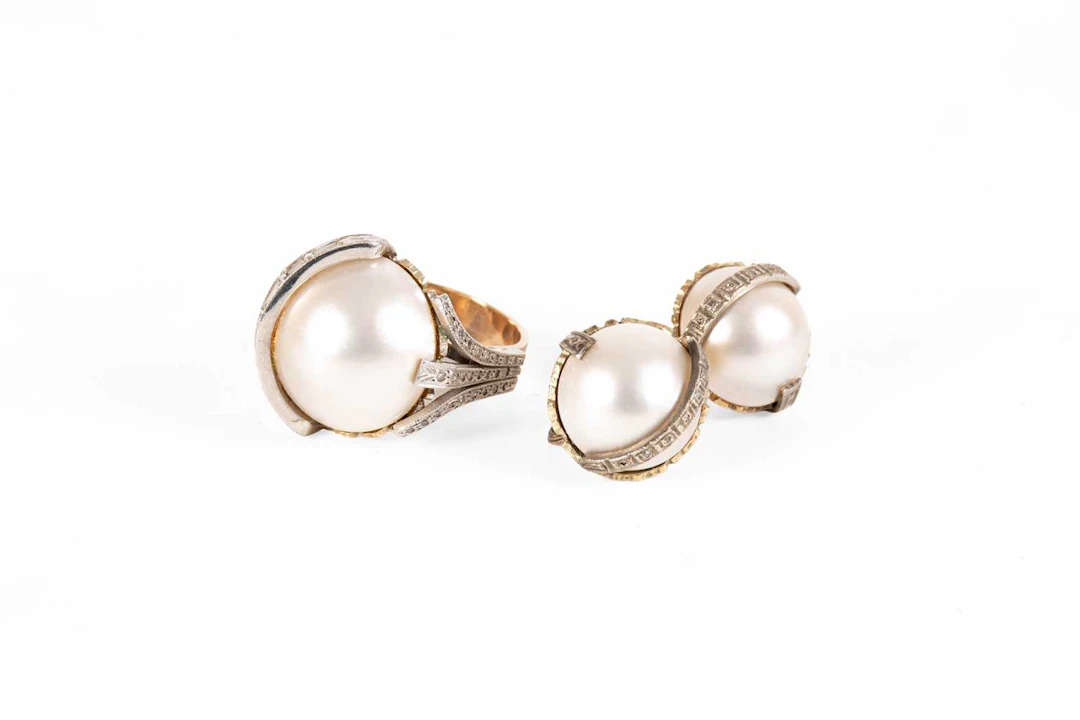 A Mabe Pearl And Diamond Ring, A Matching Pair of Mabe Pearl and Diamond