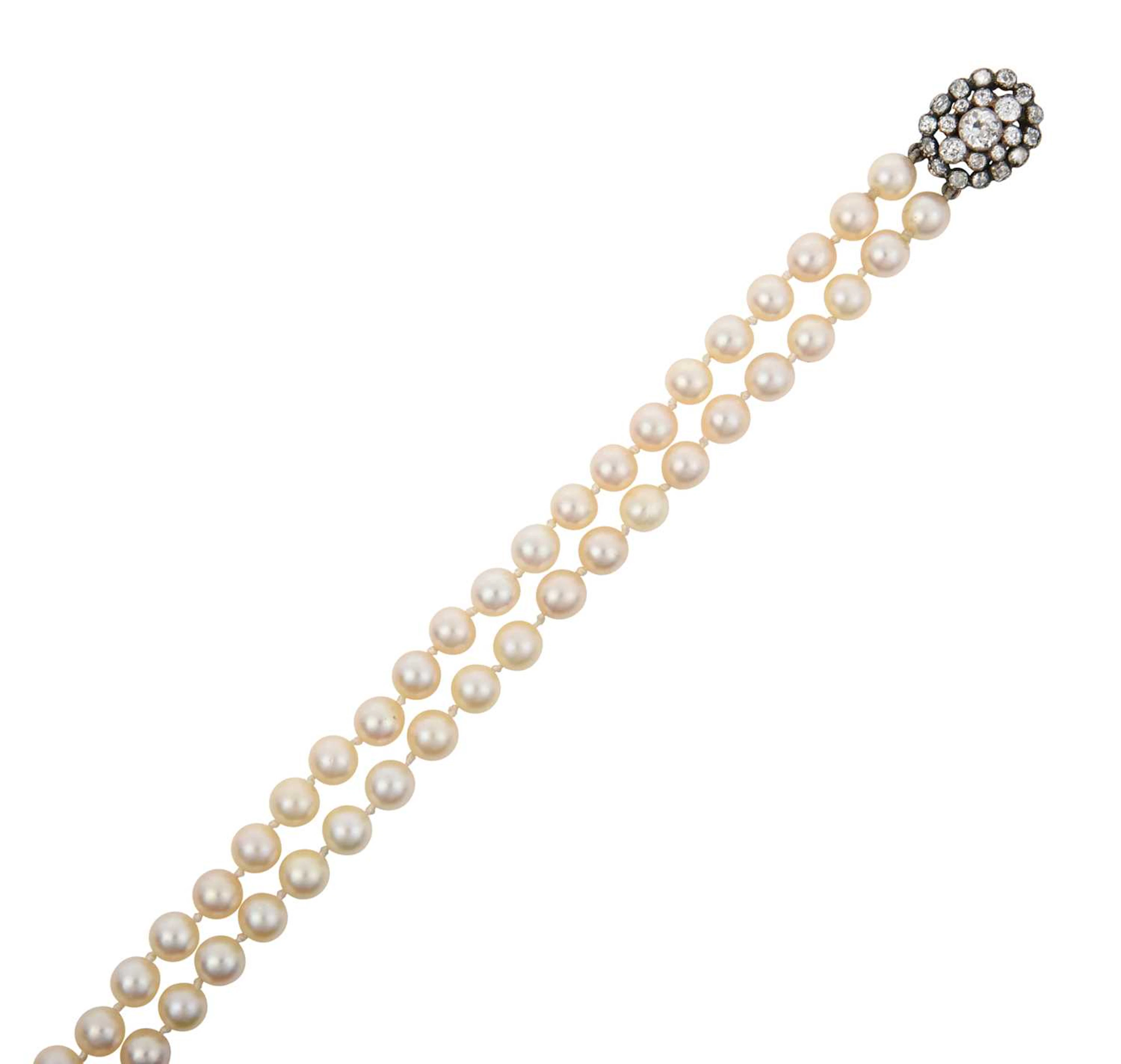 A Two Row Cultured Pearl Choker with A Diamond Cluster Clasp