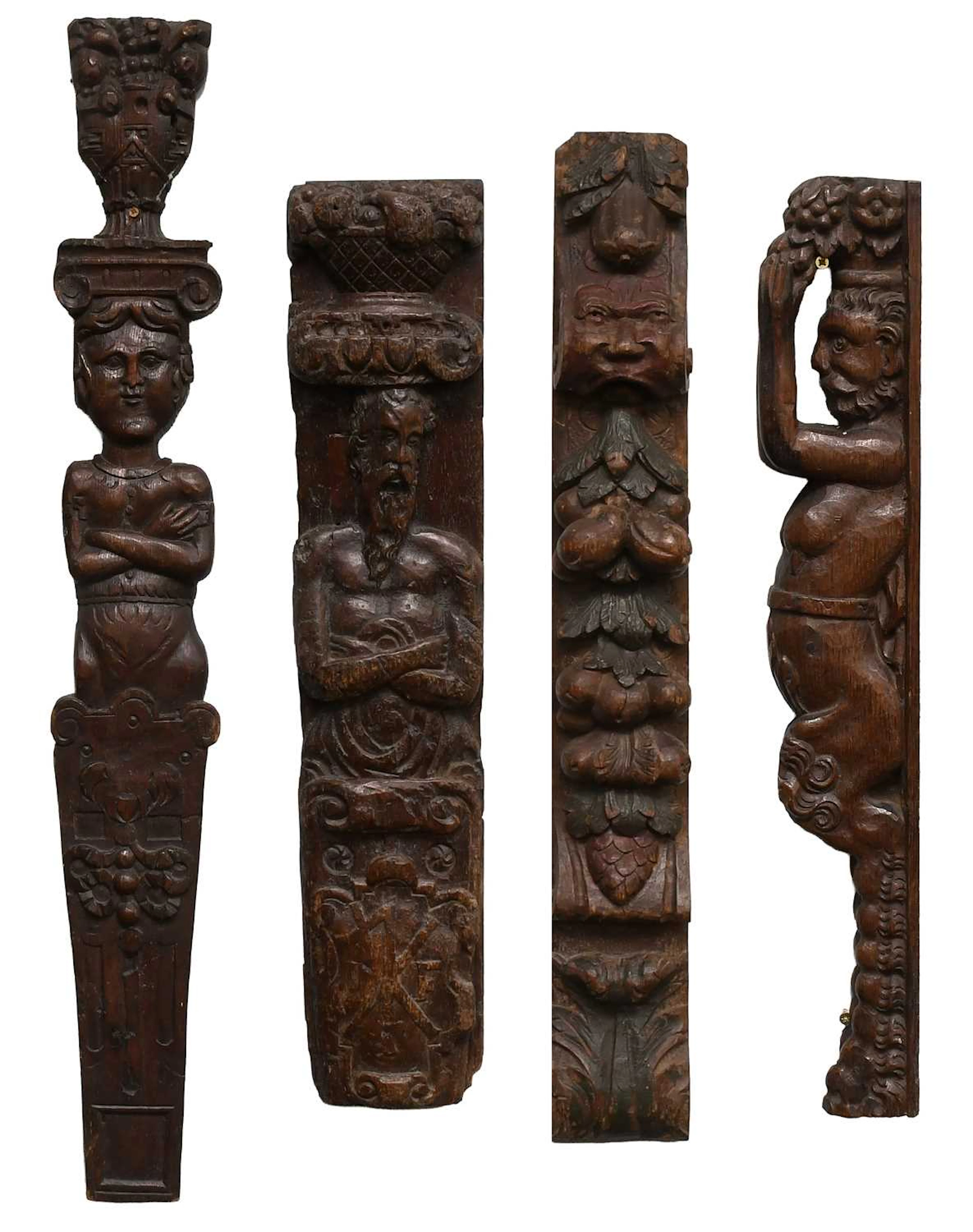 Four Relief Carved Oak Wall Plaques/Furniture Mounts, 17th/18th century