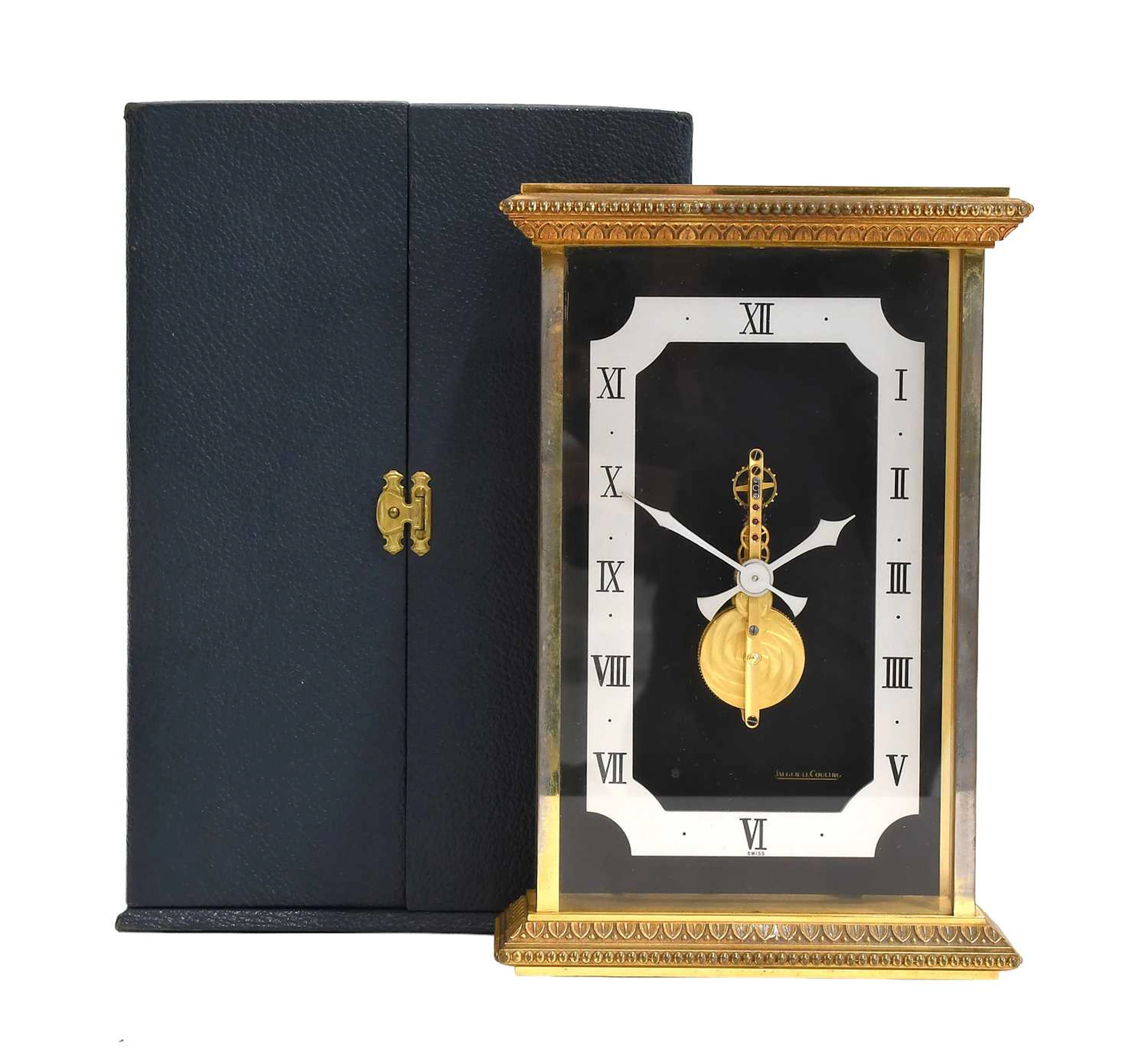A Brass Mantel Timepiece, signed Jaeger LeCoultre, 1970's