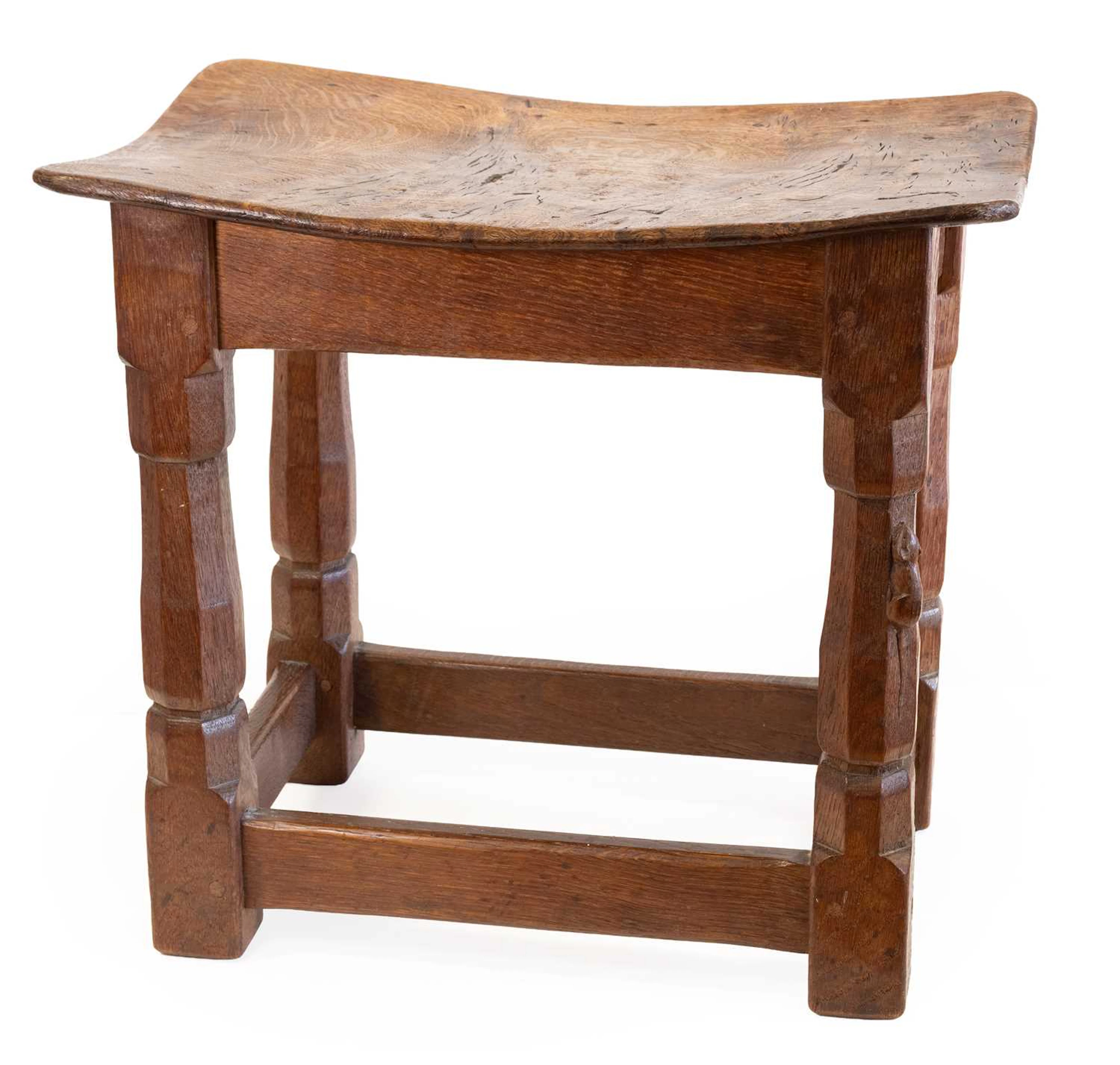 Robert Mouseman Thompson (1876-1955): An English Burr Oak Dish Top Stool, 1934