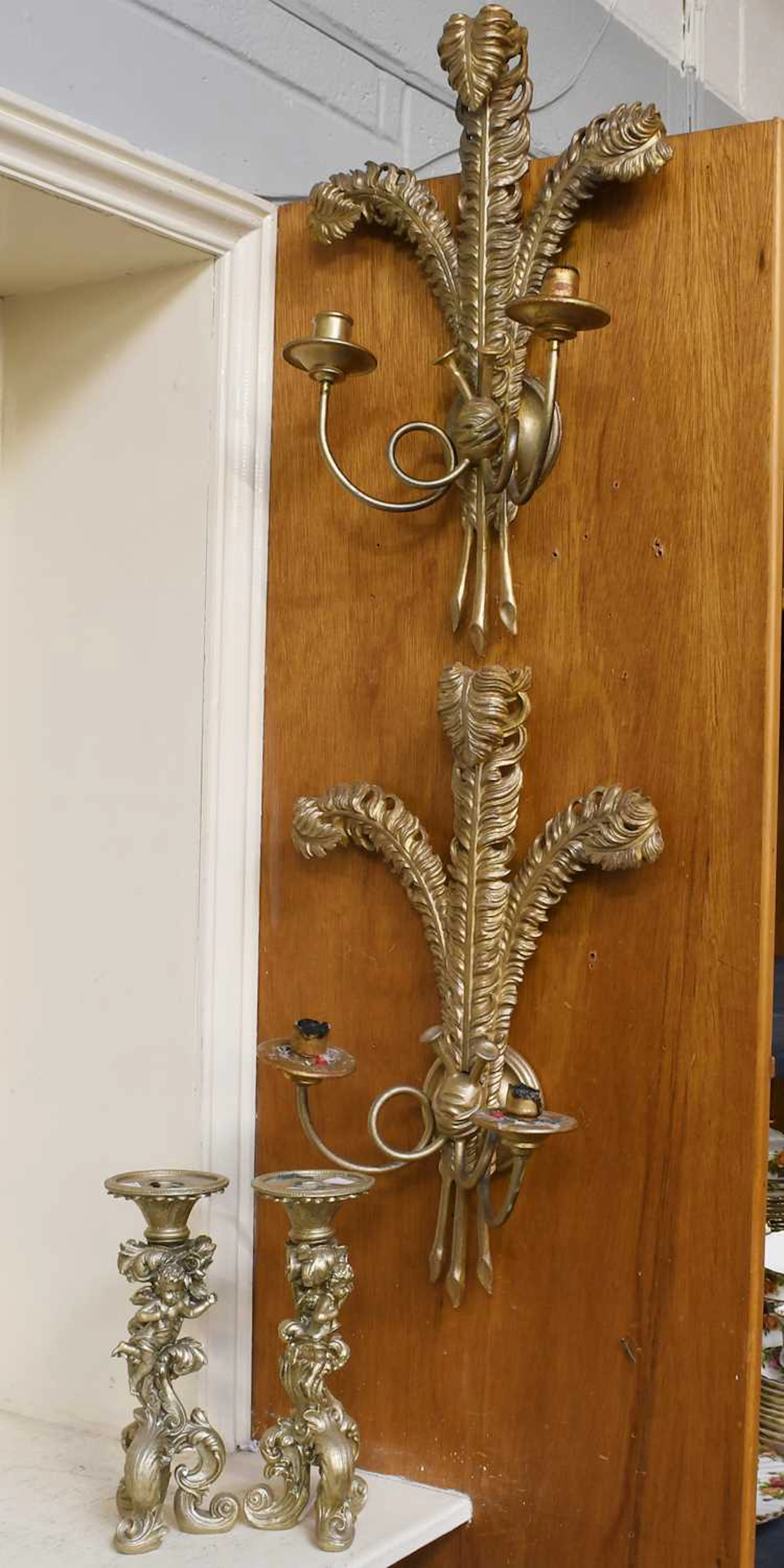A Pair of Gilt Composition Twin Light Wall Sconces Mouled with Prince