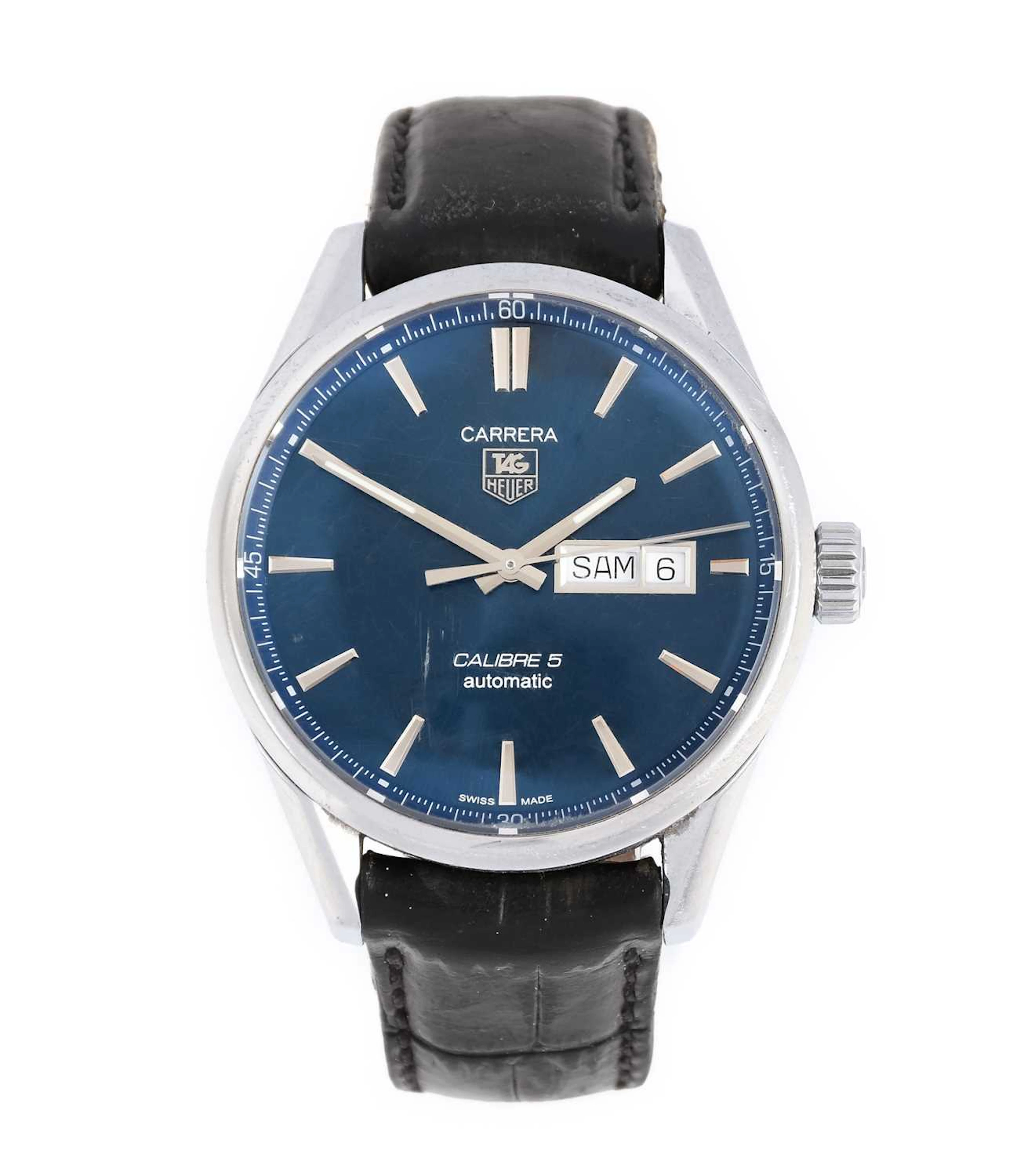 Tag Heuer: A Stainless Steel Day/Date Automatic Centre Seconds Wristwatch