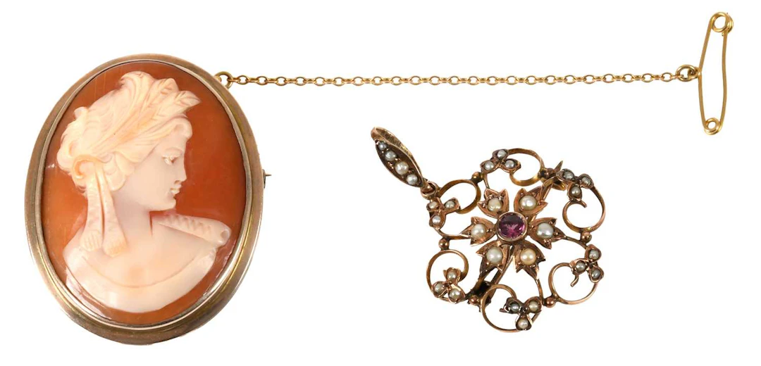A Cameo Brooch, A Split Pearl and Garnet Brooch/Pendant