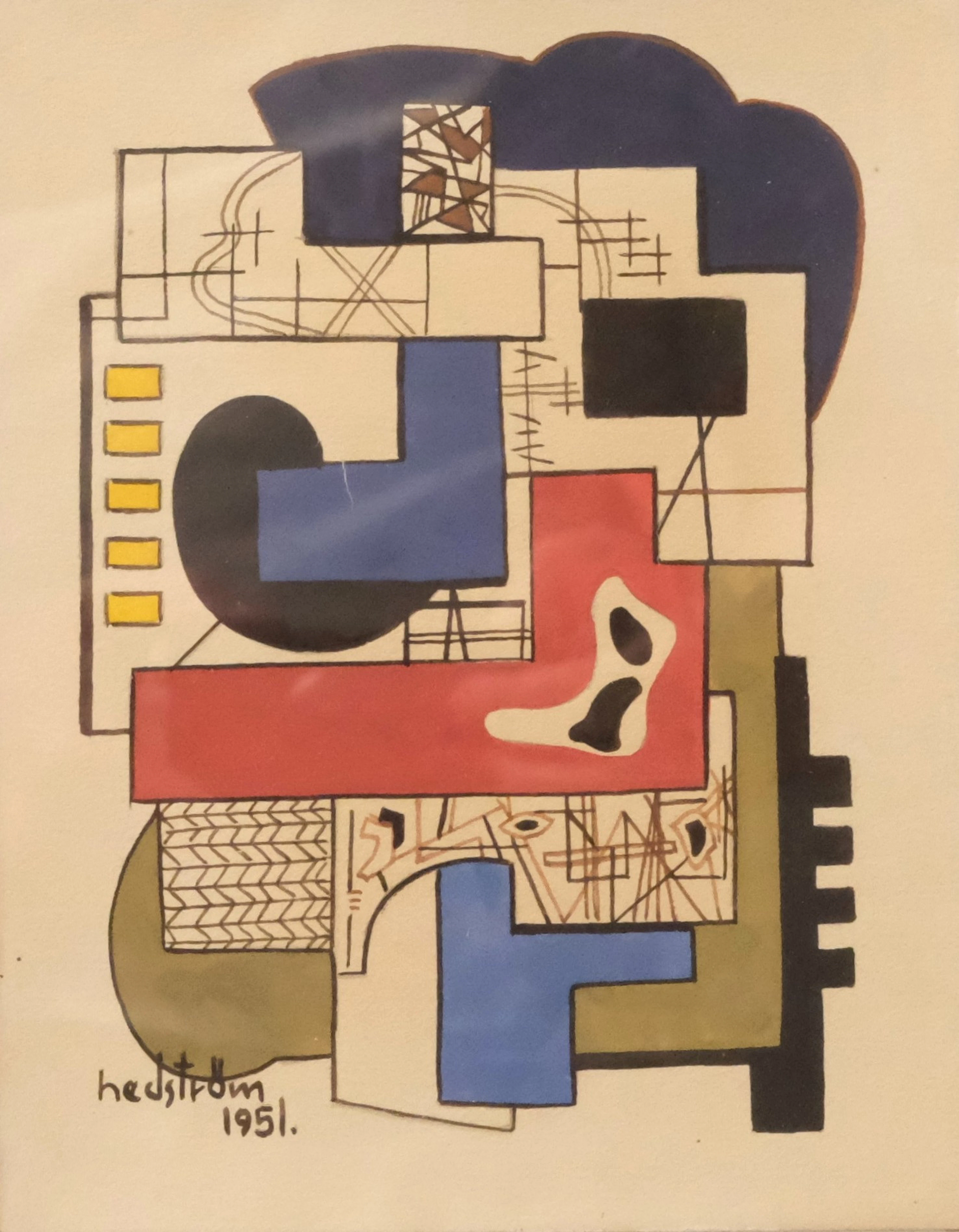 OKÄND KONSTNÄR. SIGNERAD, KOMPOSITION, BLANDTEKNIK, 1951.