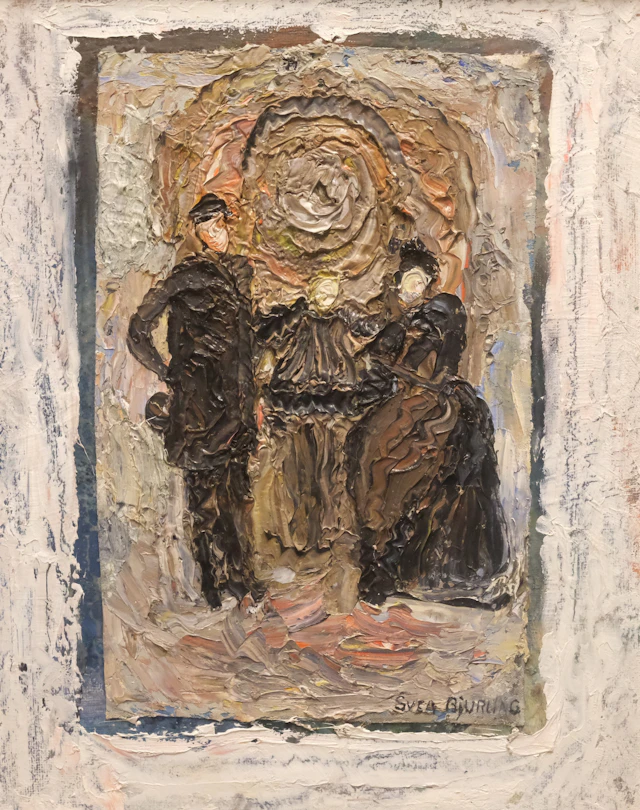 SVEA BJURLING. OLJA PÅ DUK OCH PANNÅ. ABSTRAKT FIGURKOMPOSITION.