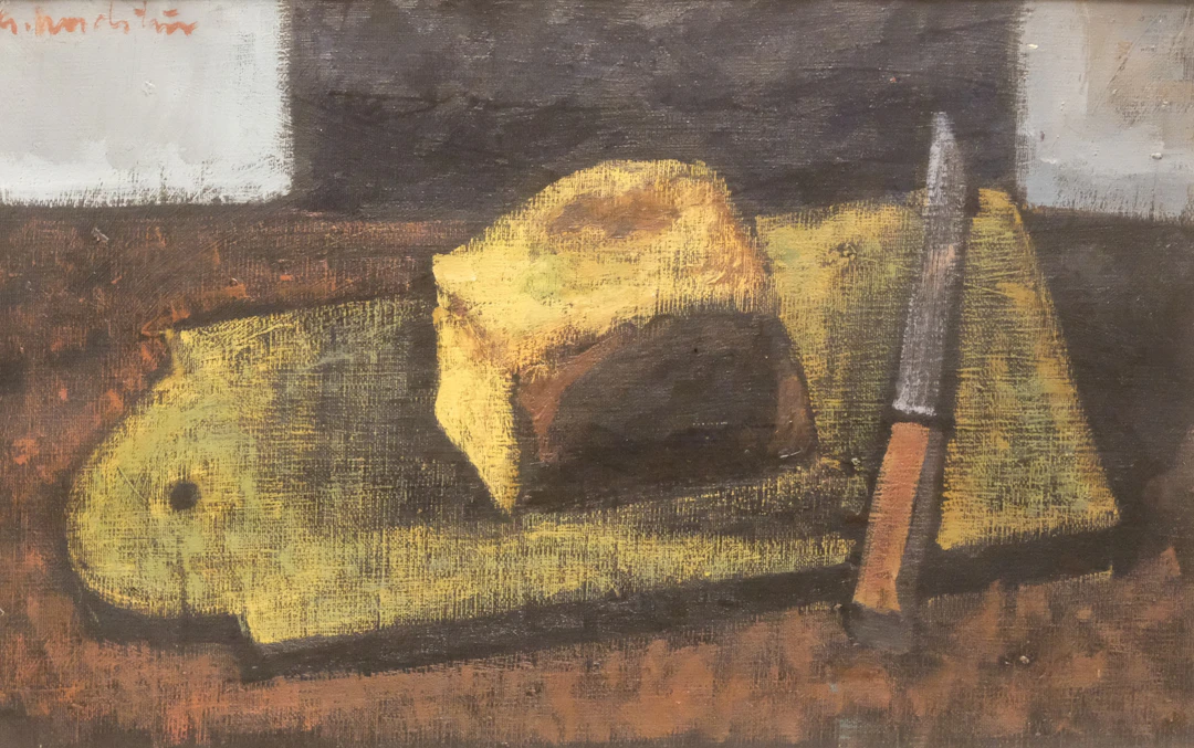 GERHARD NORDSTRÖM. OLJA PÅ DUK. STILLEBEN. BRÖD, SKÄRBRÄDA OCH KNIV.