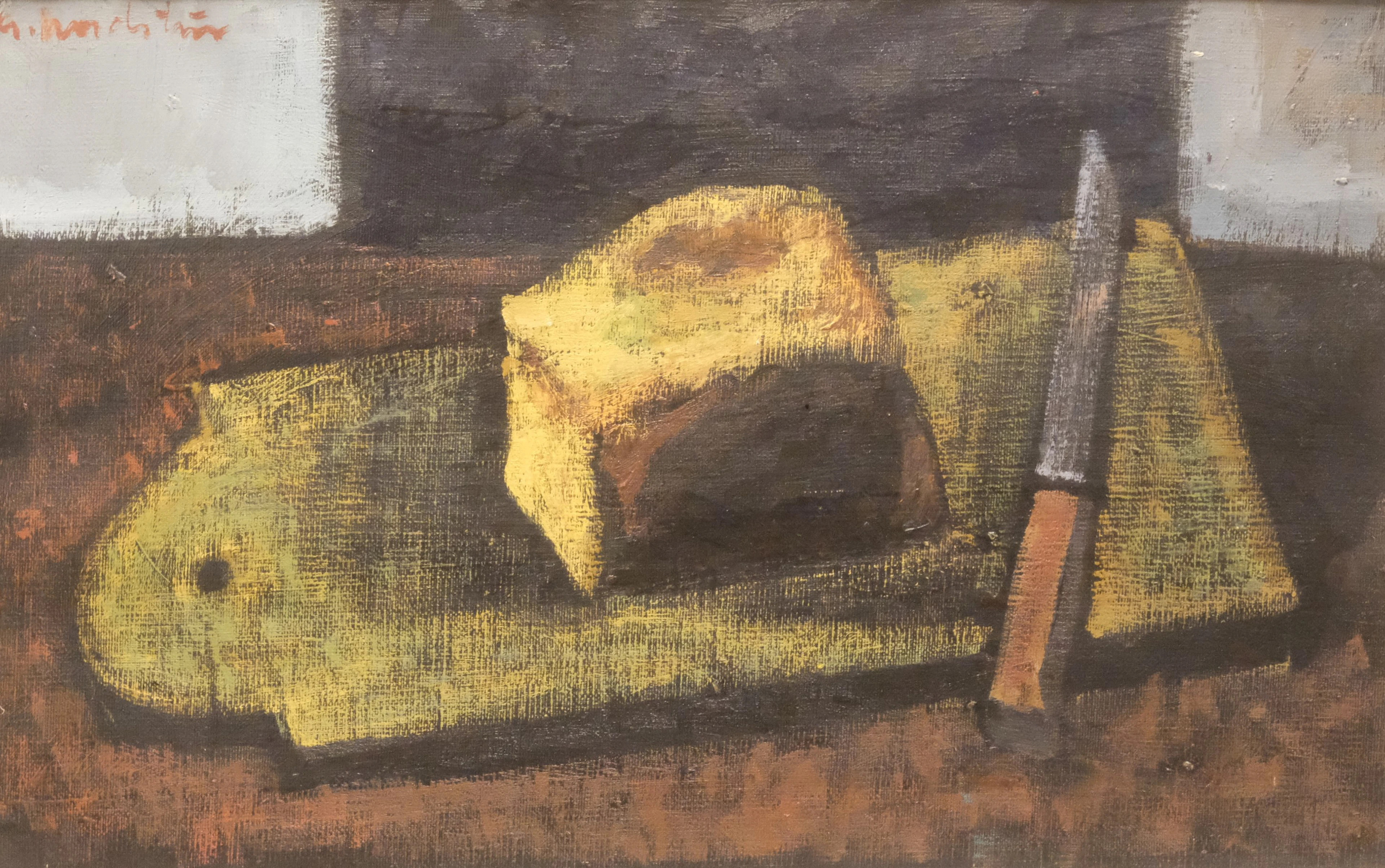 GERHARD NORDSTRÖM. OLJA PÅ DUK. STILLEBEN. BRÖD, SKÄRBRÄDA OCH KNIV.