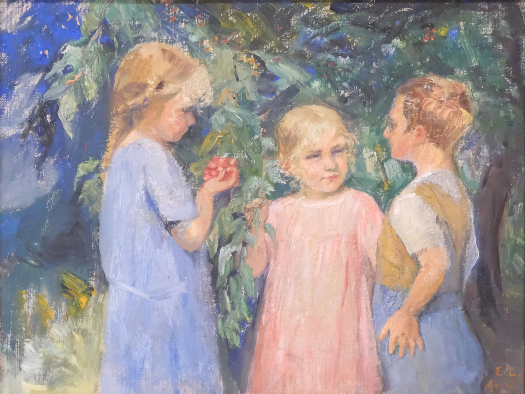 EMILIA LÖNBLAD. BARN VID FRUKTTRÄD, OLJA PÅ PANNÅ.