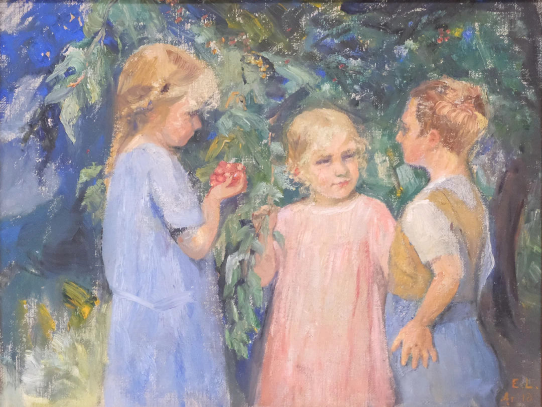 EMILIA LÖNBLAD. BARN VID FRUKTTRÄD, OLJA PÅ PANNÅ.