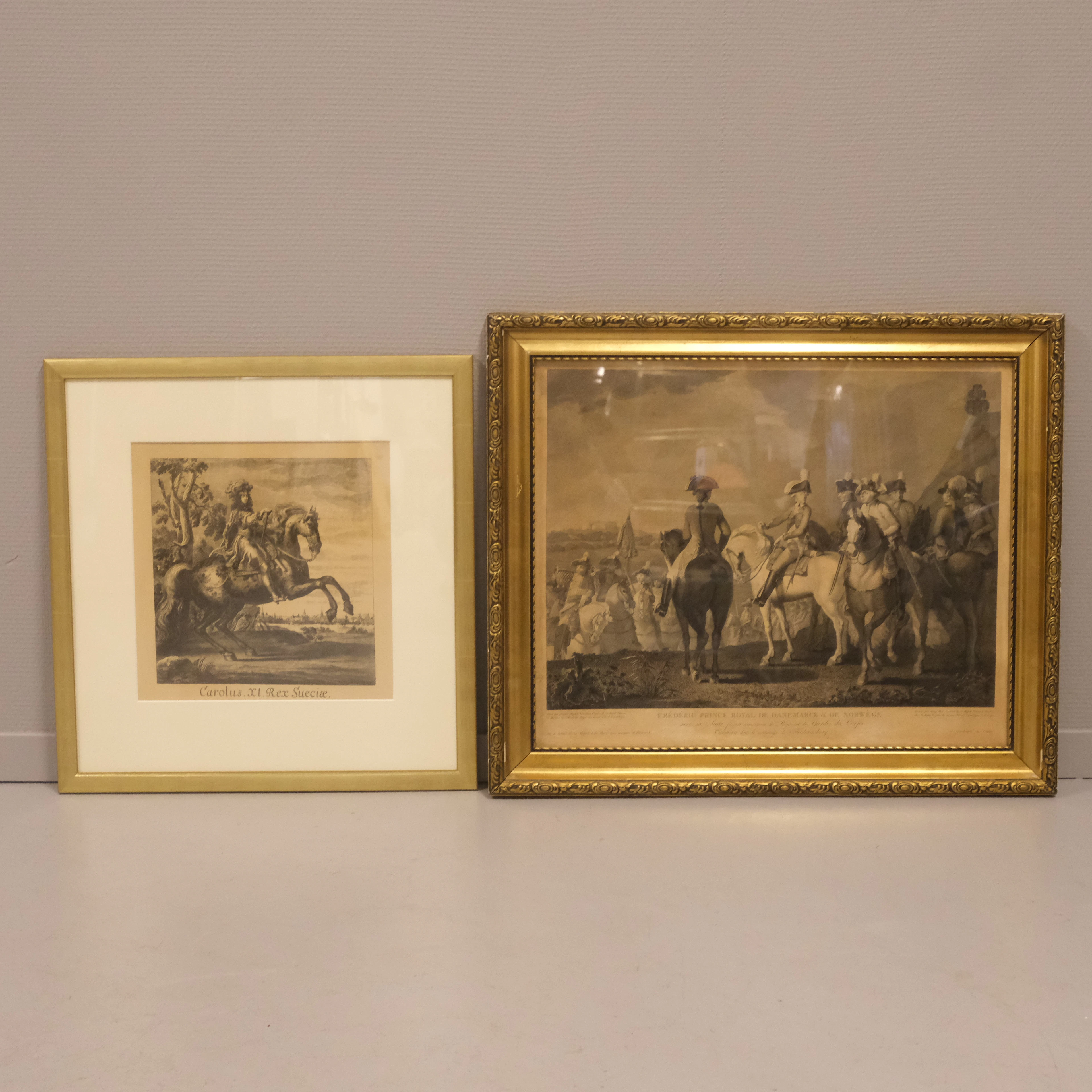 TVÅ GRAVYRER EFTER KOPPARSTICK, KARL XI OCH PRINS FREDERIK AV DANMARK