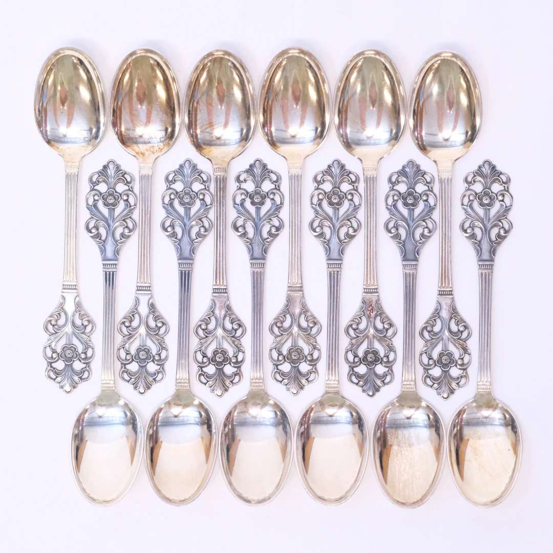 KAFFESKEDAR, "VIKING ROSE", 12 STYCKEN, SILVER, NORGE.