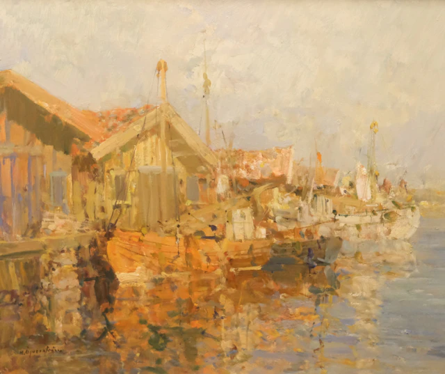 HUGO ÖFVERSTRÖM. OLJA PÅ PANNÅ. HAMNMOTIV MED FISKEBÅTAR OCH FISKEBODAR.